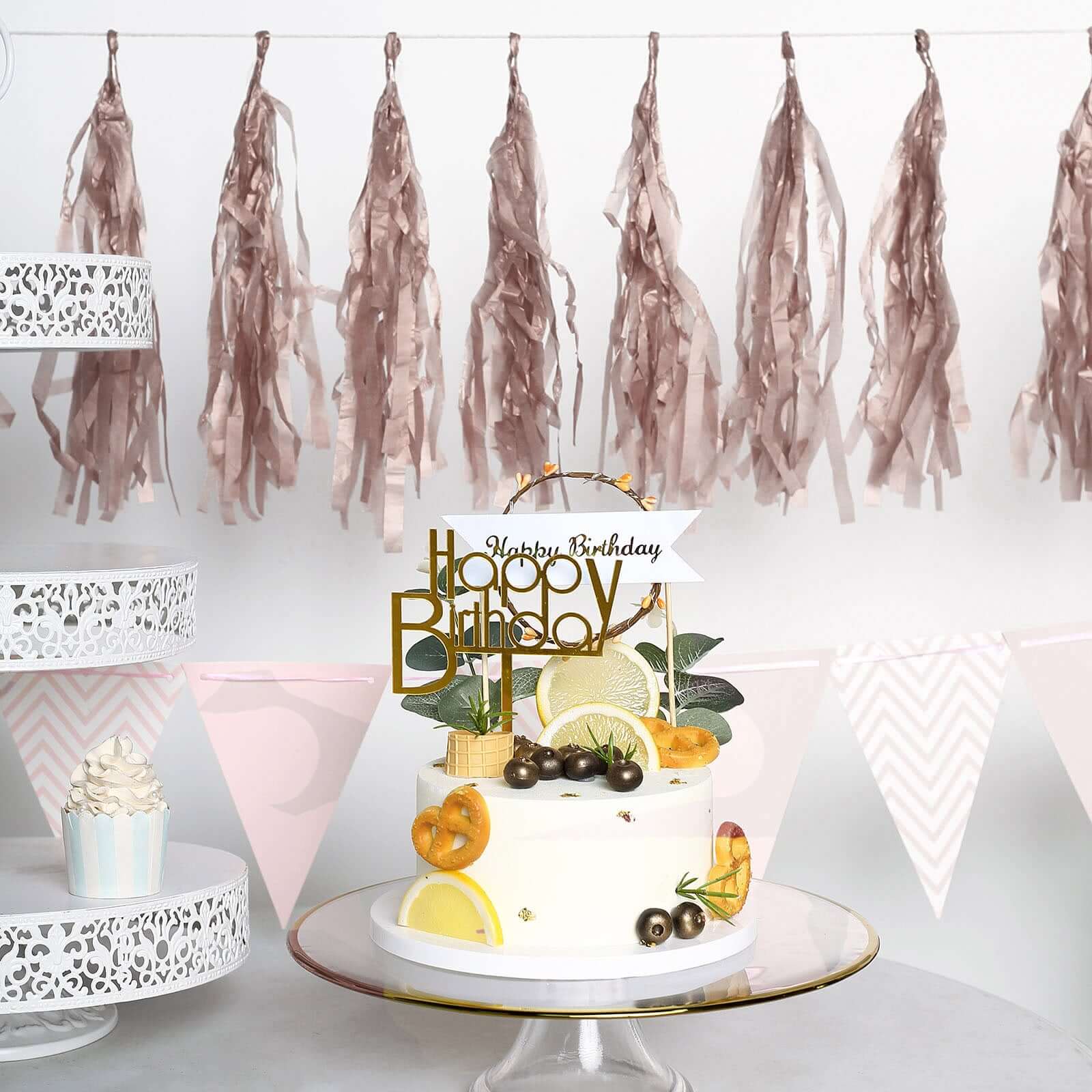 12 Pack Pre-Tied Rose Gold Paper Fringe Tassels With Garland String, Hanging Streamer Banner