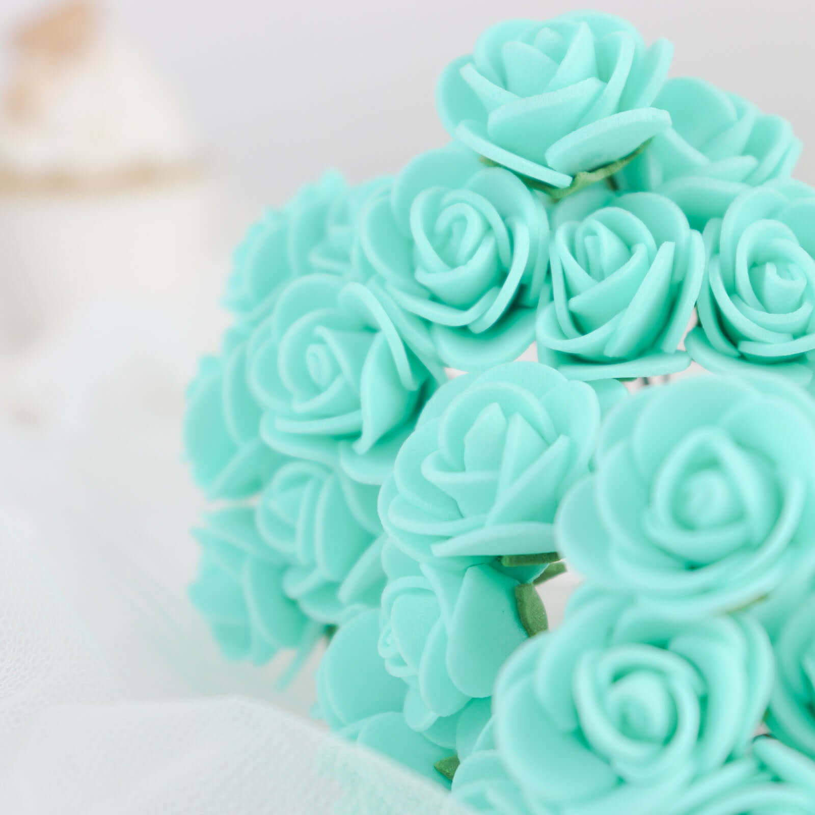 48 Roses 1" Turquoise Real Touch Artificial DIY Foam Rose Flowers With Stem, Craft Rose Buds