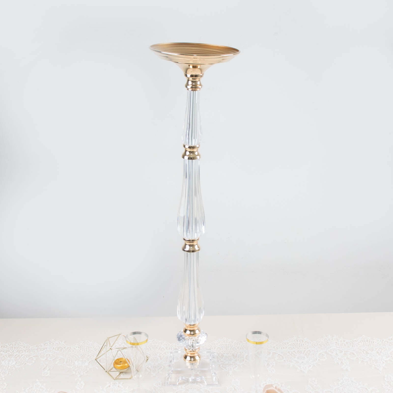 Acrylic Crystal Pillar Candle Stand Gold/Clear - Table Centerpiece and Wedding Flower Bowl Pedestal 32"