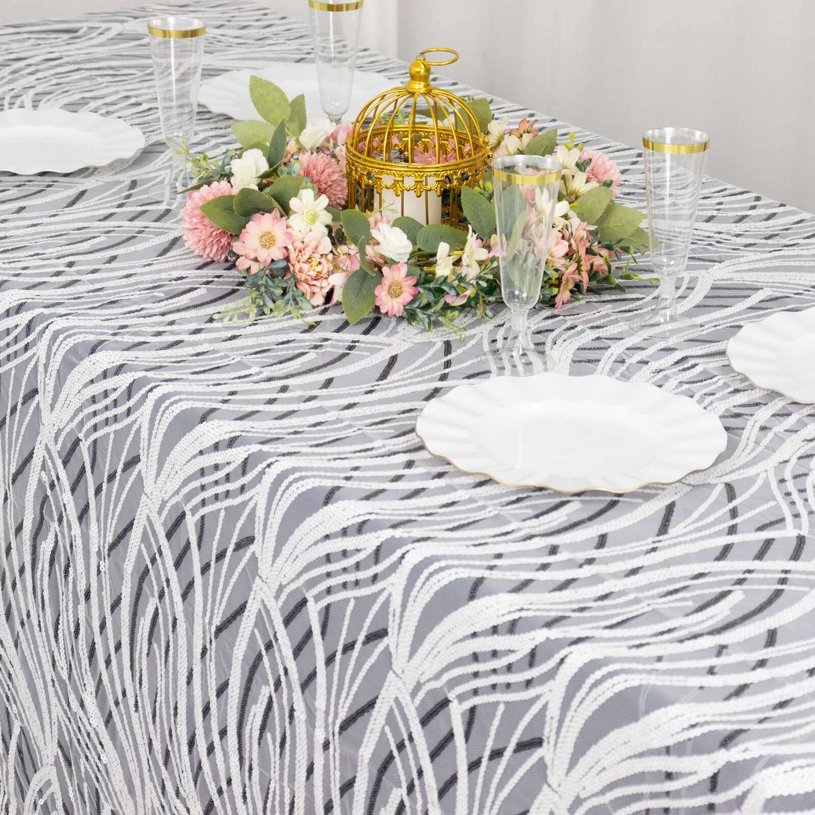 Mesh 90"x156" Rectangle Tablecloth White Black - Wave Sequin Embroidered Table Cover