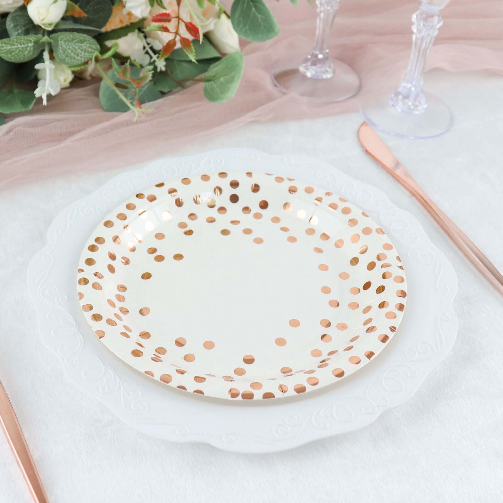 25 Pack 7" White Rose Gold Polka Dot Dessert Appetizer Paper Plates, Disposable Salad Party Plates - 300 GSM