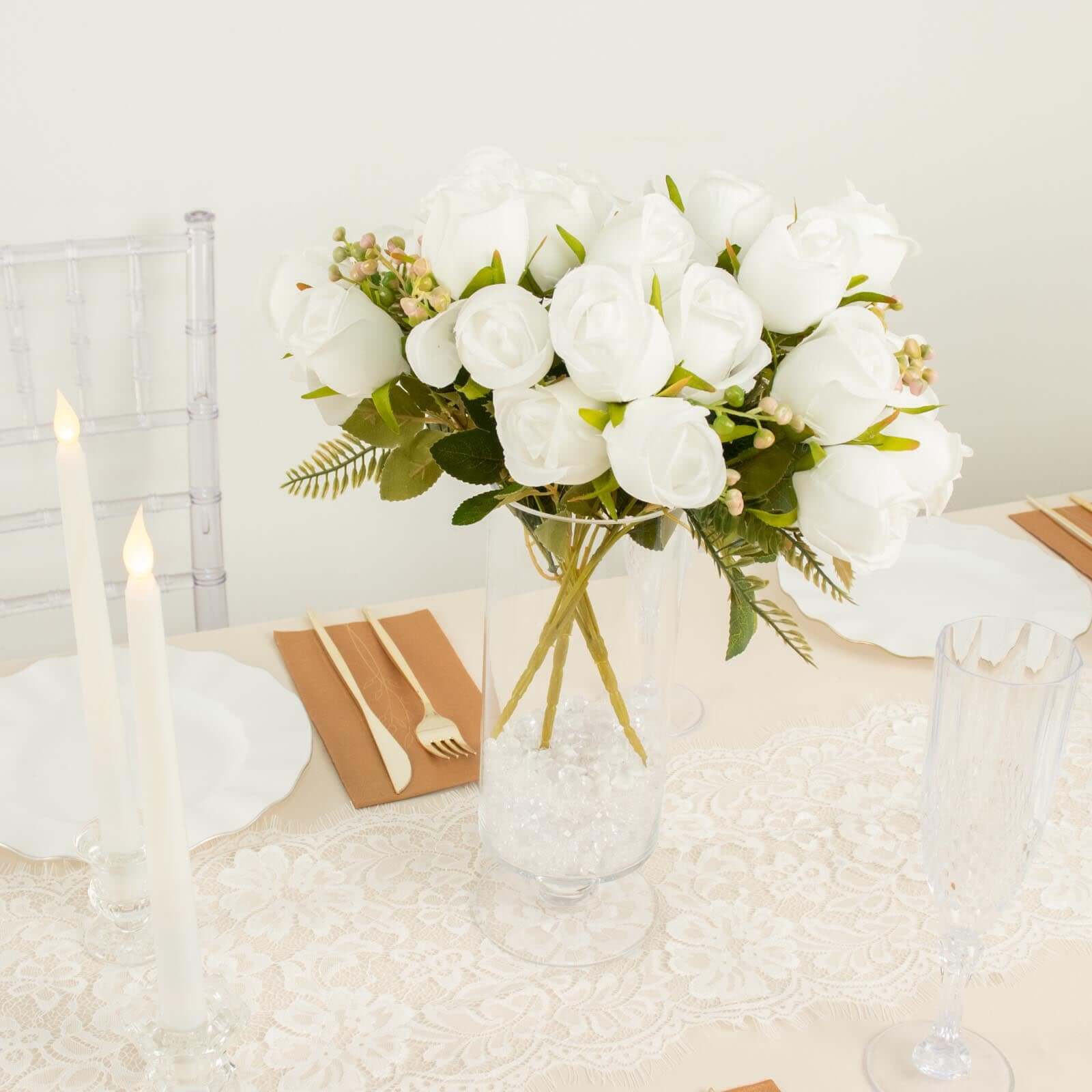 3 Pack 13" White Real Touch Silk Rose Bud Flower Bridal Bouquets, Artificial Floral Bush Arrangements