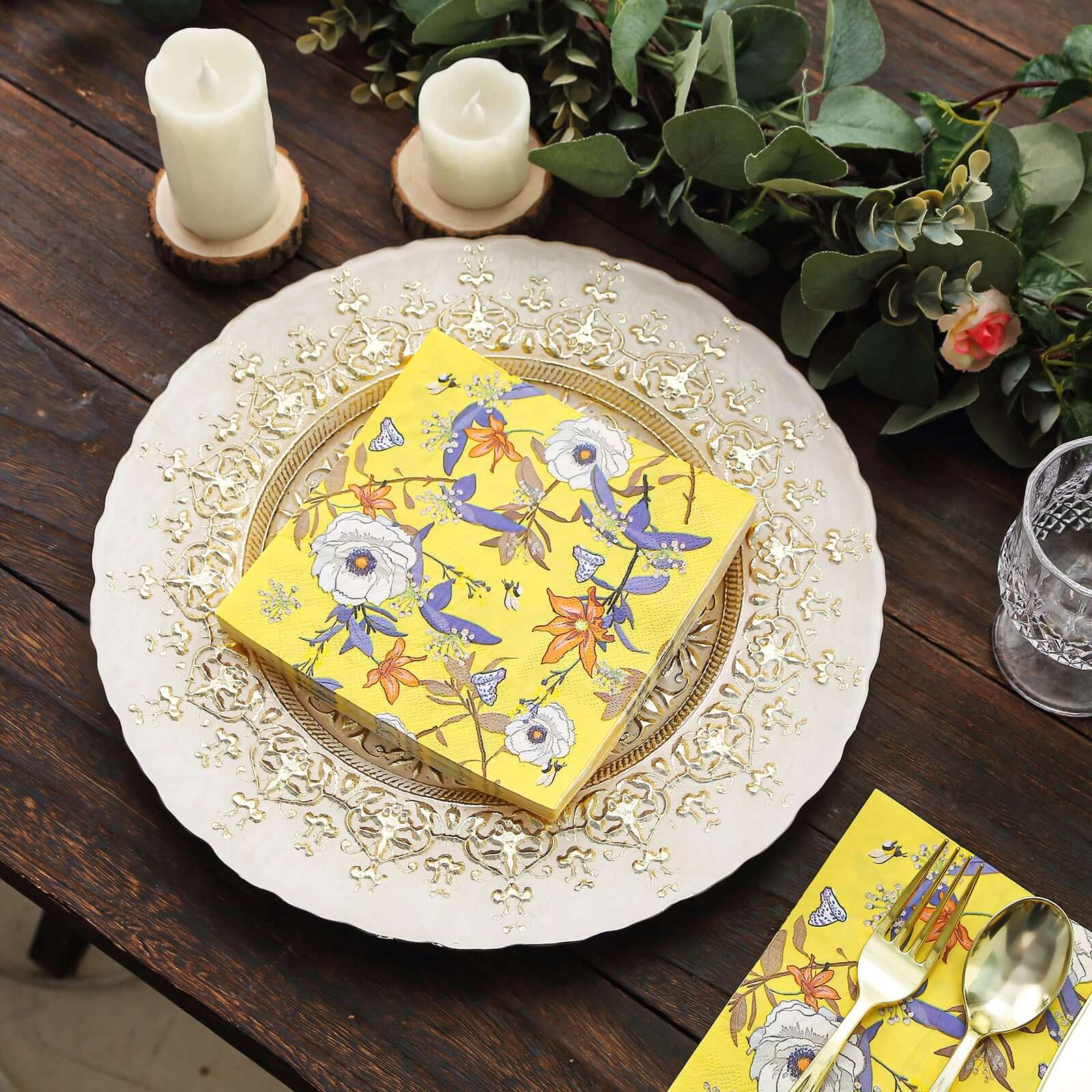 50-Pack Paper Beverage Napkins with Blooming Flowers Design Yellow - 2 Ply Soft 18GSM Floral Wedding Napkins 6.5"x6.5"