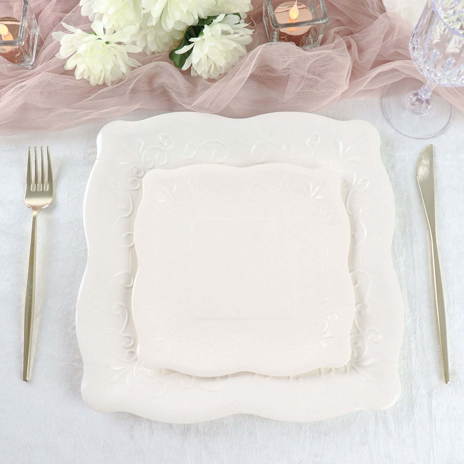 25-Pack Paper 11" Square Dinner Plates in White with Vintage Pottery Embossed Design - Shiny Disposable Serving Plates