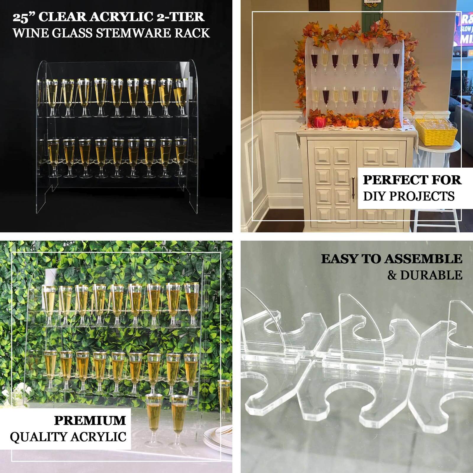 2-Tier Acrylic Champagne Glass Holder Display Stand Table Top Clear - Modern Stemware Rack Cocktail Drink Holder with 18 Hooks for Events & DIY Bars 25"