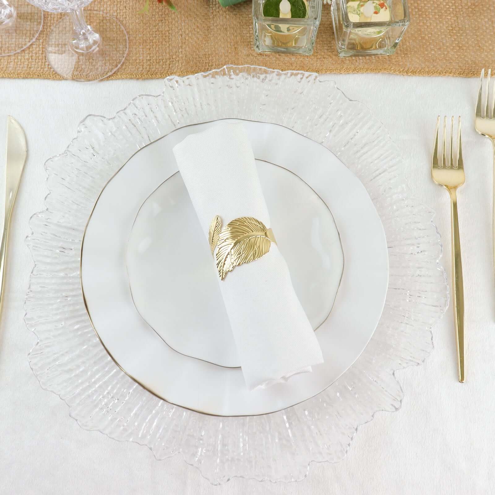 10-Pack Plastic Round 6" Dessert Plates in White Ruffled Rim with Gold Edging - Sturdy Disposable Salad Appetizer Dinnerware for Classy Events & Banquets