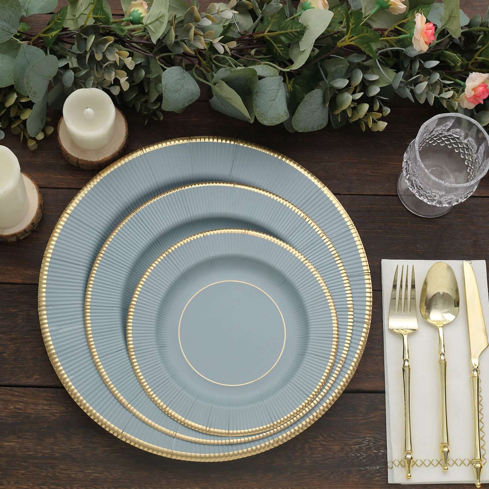 25-Pack Paper 8" Round Dessert Plates in Dusty Blue Sunray Design with Gold Rim - Disposable Heavy Duty 350GSM Appetizer Salad Plates