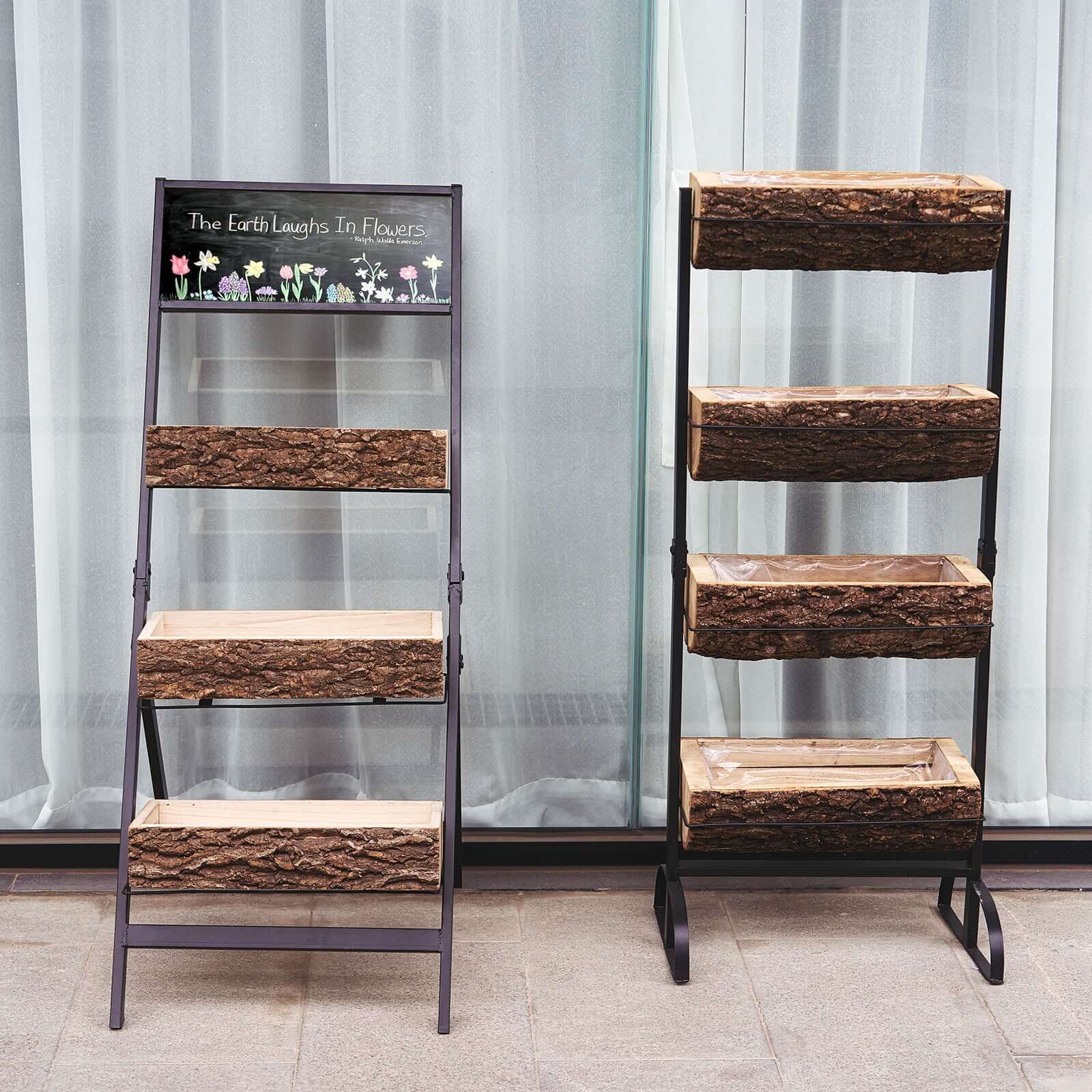 42" 4-Tier Metal Ladder Plant Stand With Natural Wooden Log Planters