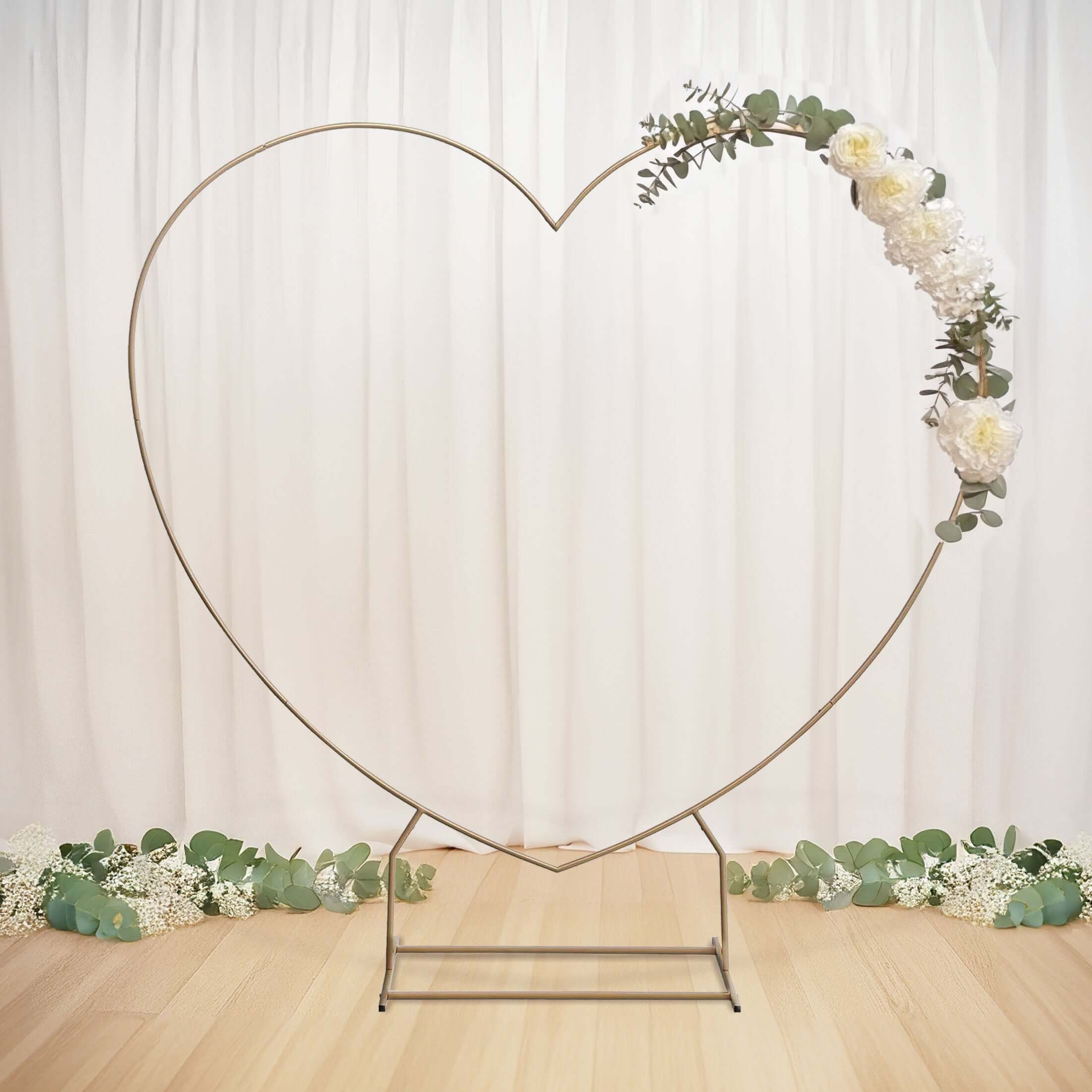 7ft Heavy Duty Gold Metal Heart Shape Photo Backdrop Stand, Wedding Arch Floral Balloon Frame with Sturdy Rectangular Base