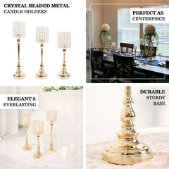 Set of 3 Crystal Beaded Goblet Votive Candle Holder Stands Gold - Tea Light Centerpiece 18", 16", 14"
