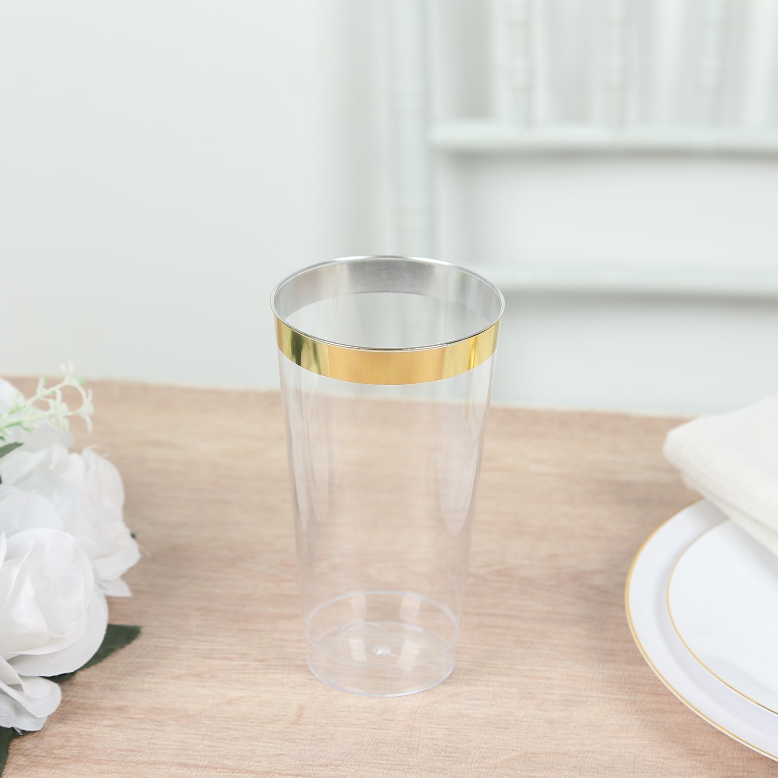 12-Pack Plastic Party Cups Clear with Gold Rim - Durable Disposable Tumblers for Drinks 17oz 5.5"