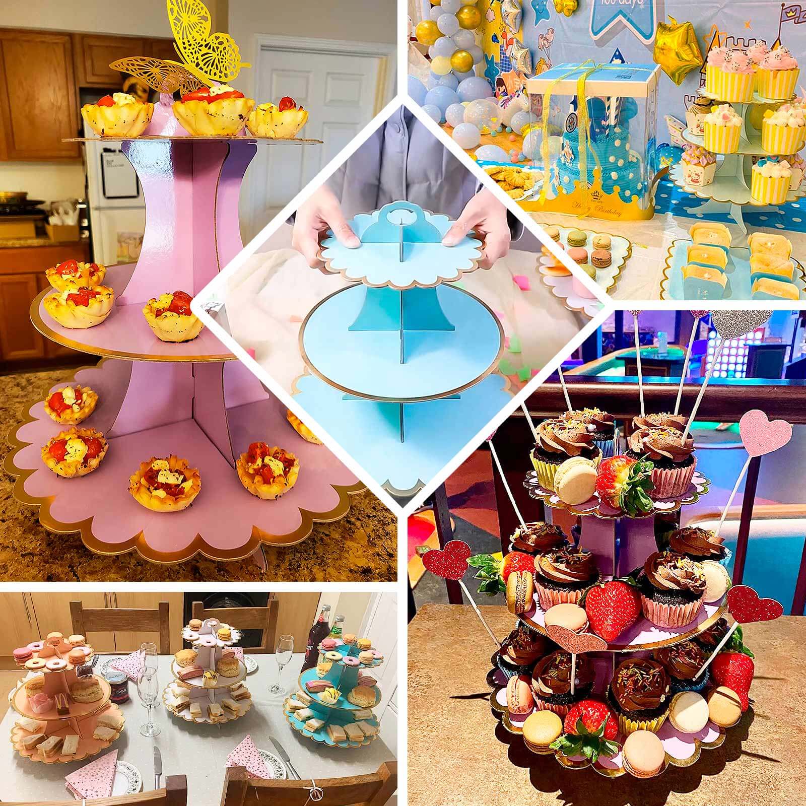3-Tier Cardboard Cupcake Stand Mint - Sturdy & Collapsible Dessert Treat Tower with Gold Scalloped Rim for Baby Shower Wedding & Party Decor 13"