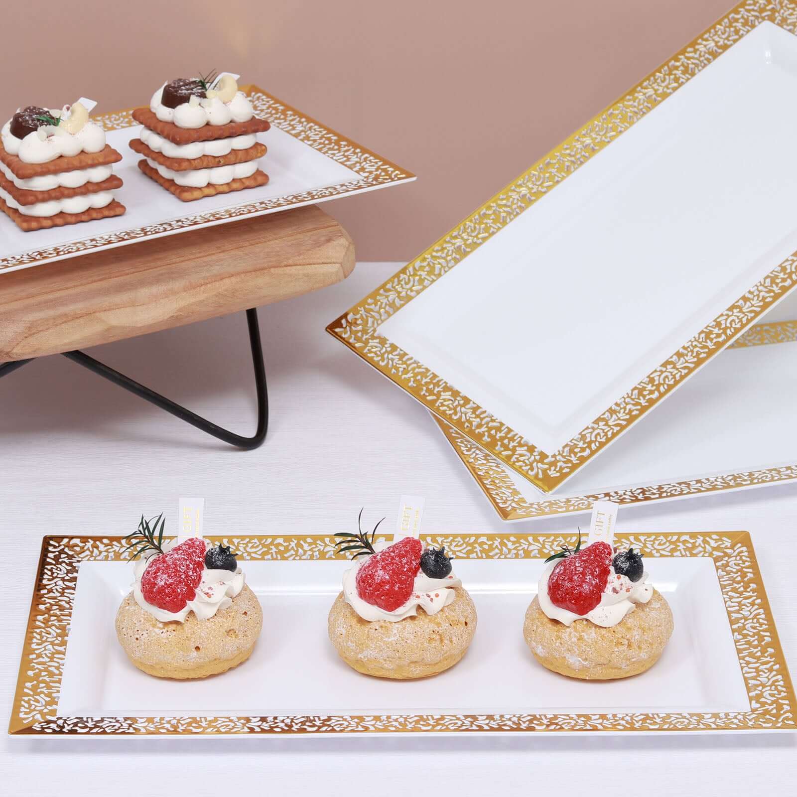 4-Pack Plastic 14" Rectangle Serving Trays White with Gold Lace Rim - Chic Decorative Table Tray Platters for Buffets Banquets Dinner Parties