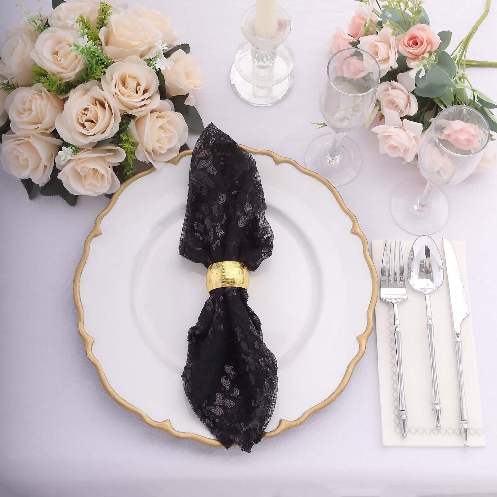 Sequin Tulle 20"x20" Napkin Black - Embroidered Leaf Vine Dinner Napkins