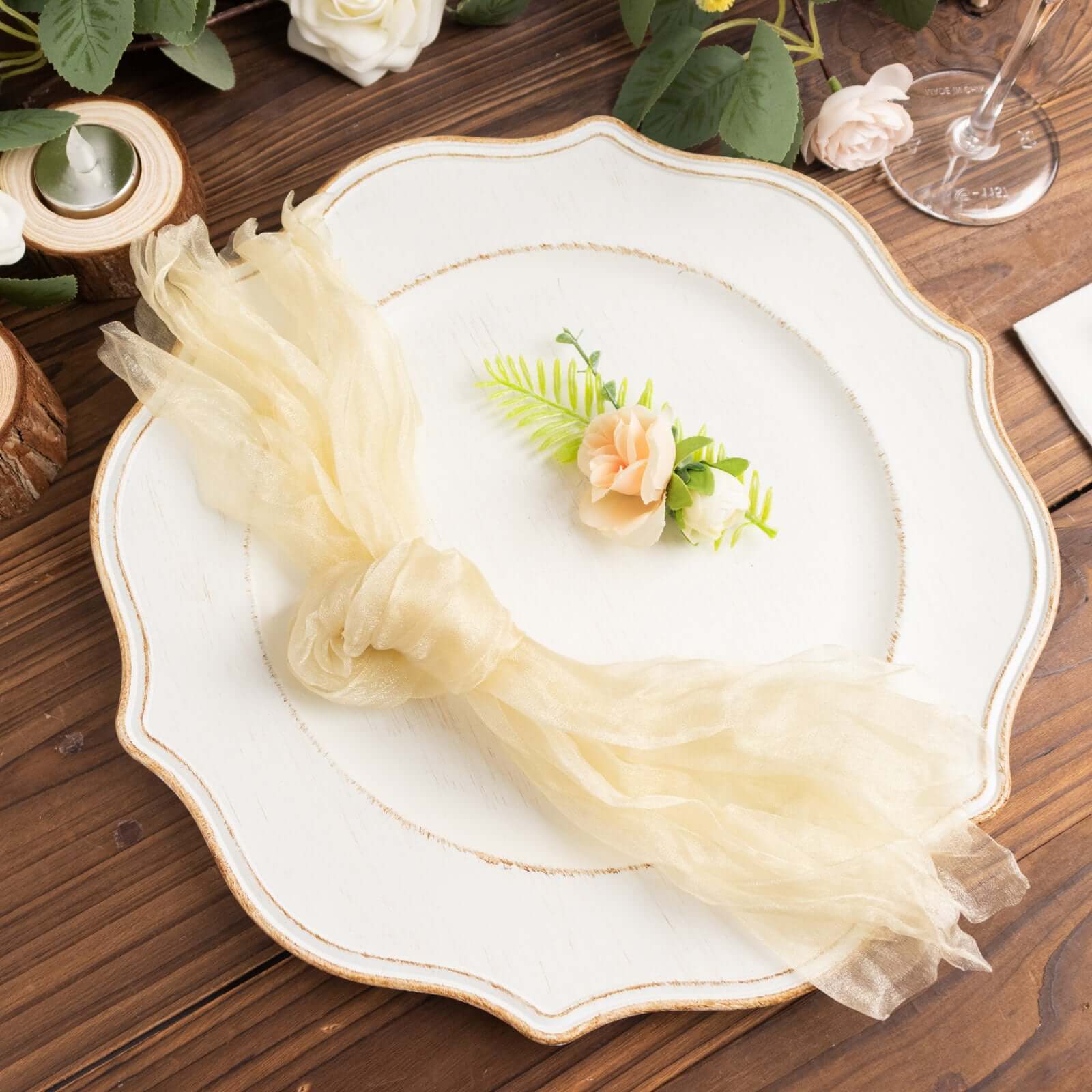 5 Pack Crinkled Organza 21"x21" Napkins Champagne - Rustic Style Dinner & Party Napkins