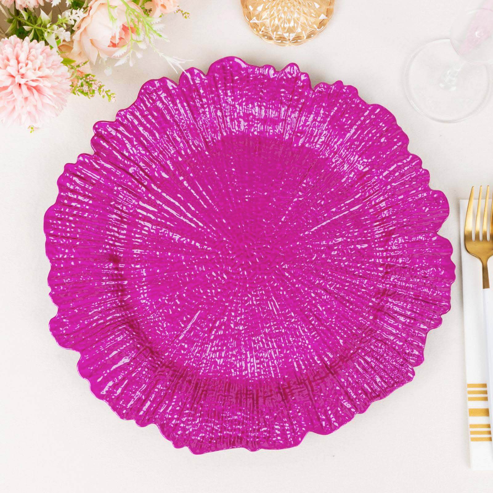 6-Pack Acrylic Plastic Round Charger Plates 13" in Fuchsia with Reef Design, Dinner Charger Tableware