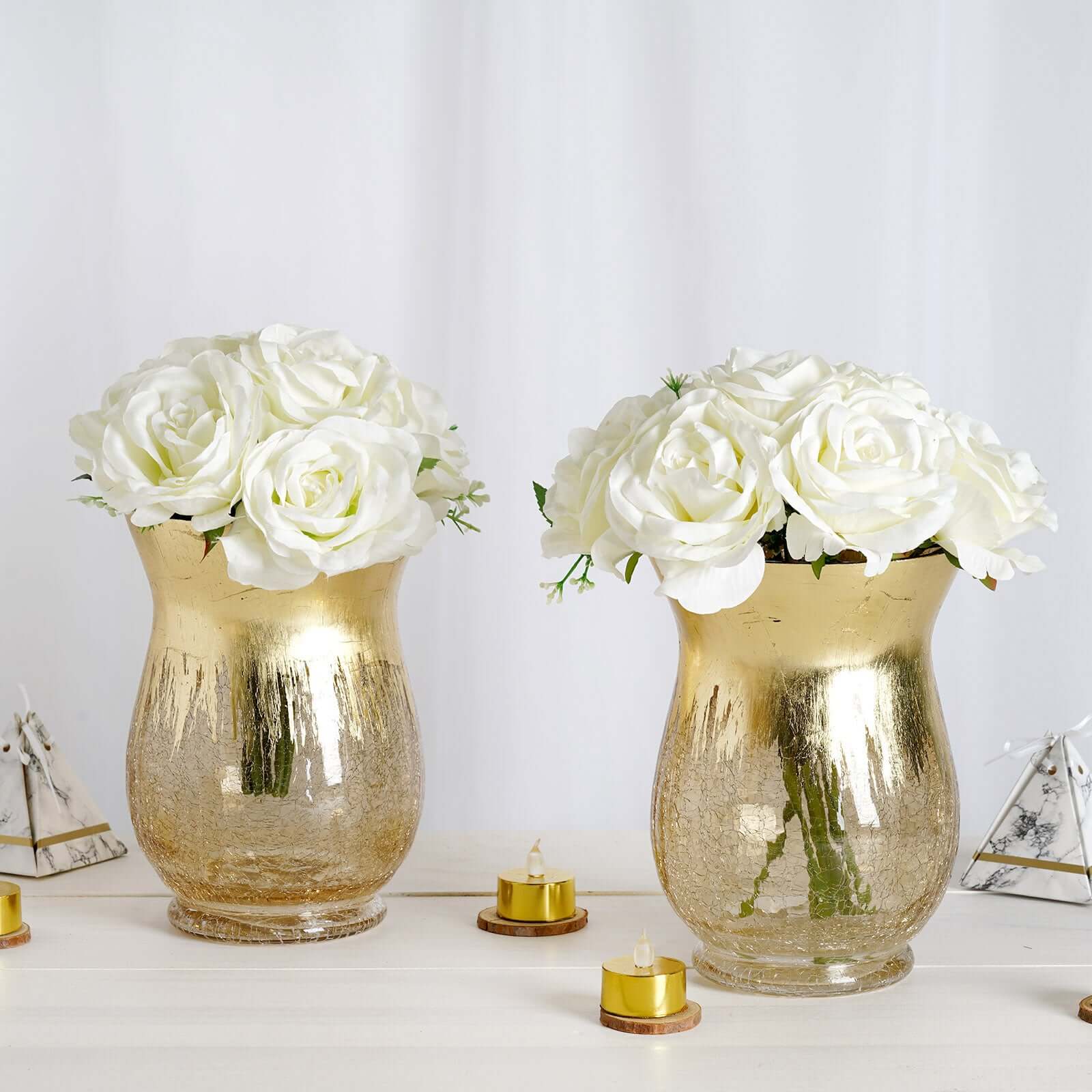 2-Pack Glass Hurricane Vases Bell Shaped Crackle Gold Curvy Design - Stylish Candle Holder Centerpieces 8"