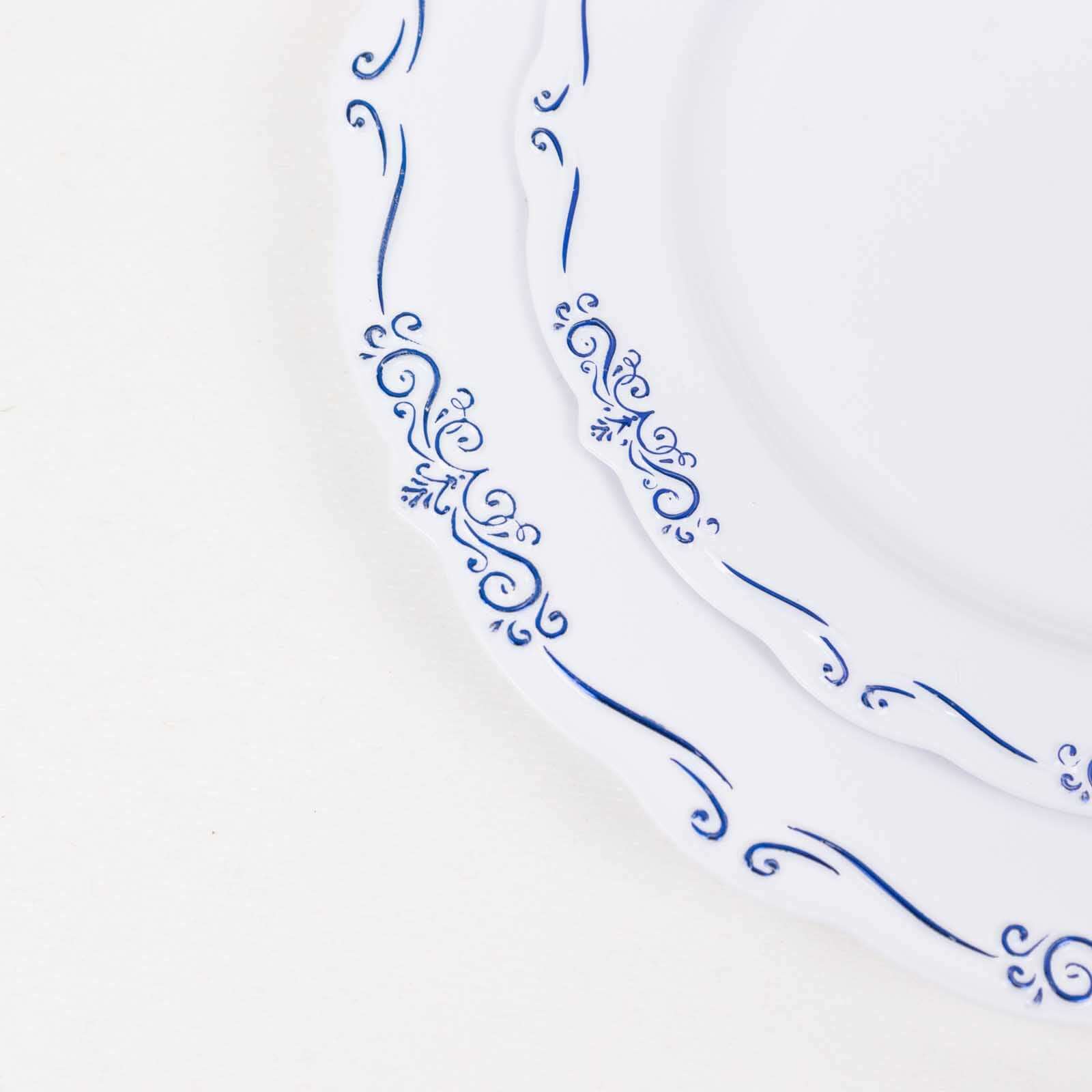 10-Pack Plastic 7" Round Dessert Plates in White with Blue Vintage Embossed Rim - Sturdy Disposable Scalloped Edge Salad Plates