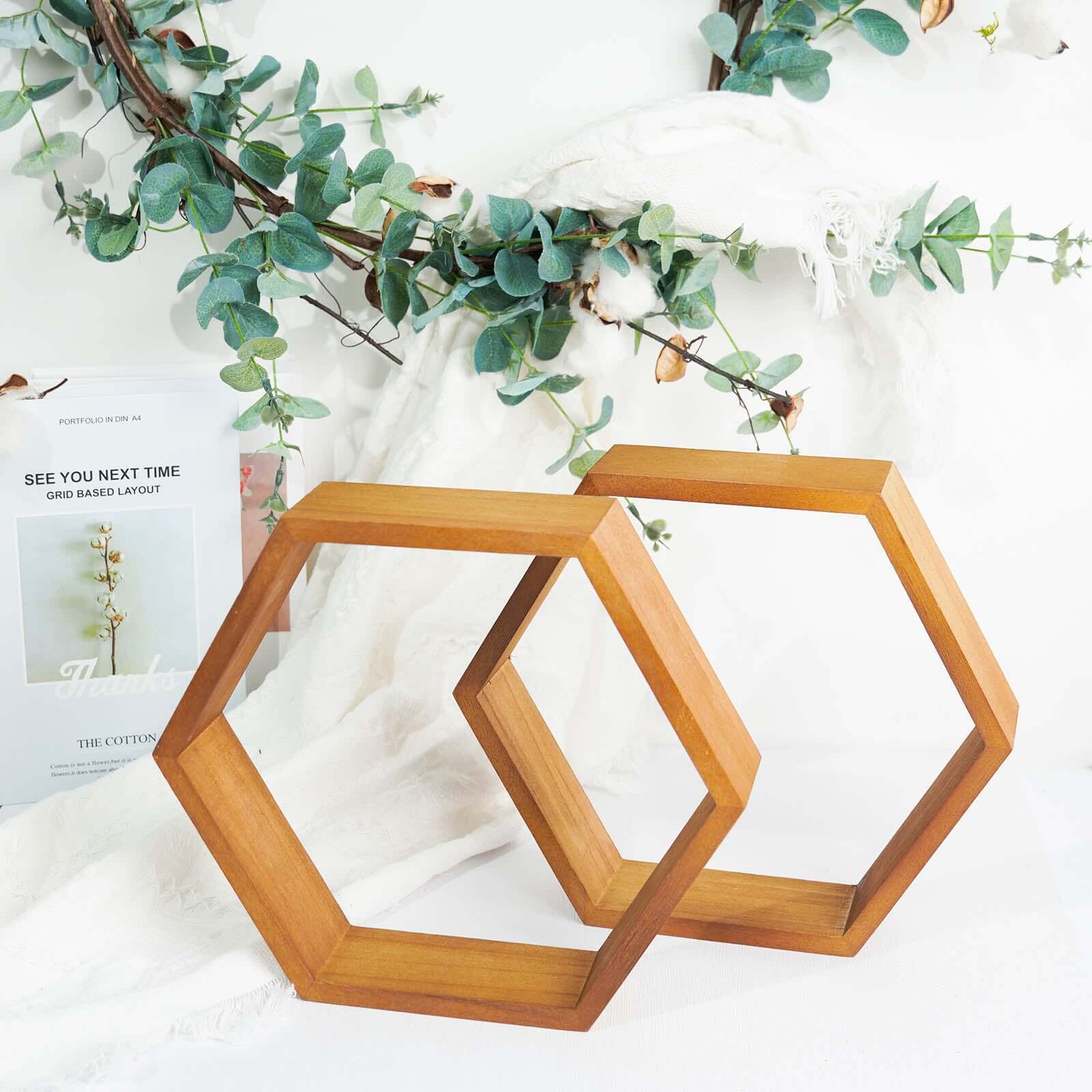 2 Pack 9" Tall Hexagon Rustic Wood Centerpiece Natural Geometric Terrarium Honeycomb Storage Shelf