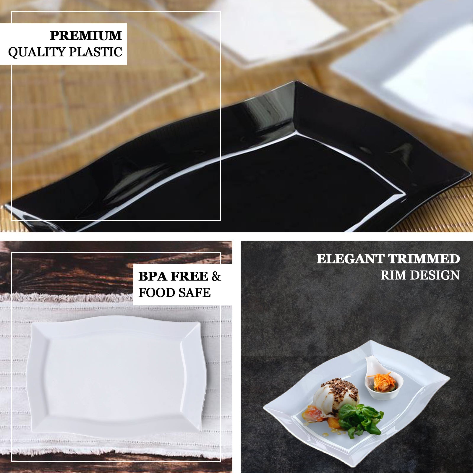 10-Pack Serving Plates Rectangular Design with Wave Trimmed Rim Glossy Black - Plastic Disposable Event Plates 12"