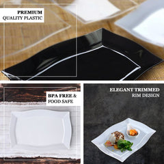 10-Pack Serving Plates Rectangular Design with Wave Trimmed Rim Glossy Black - Plastic Disposable Event Plates 12"