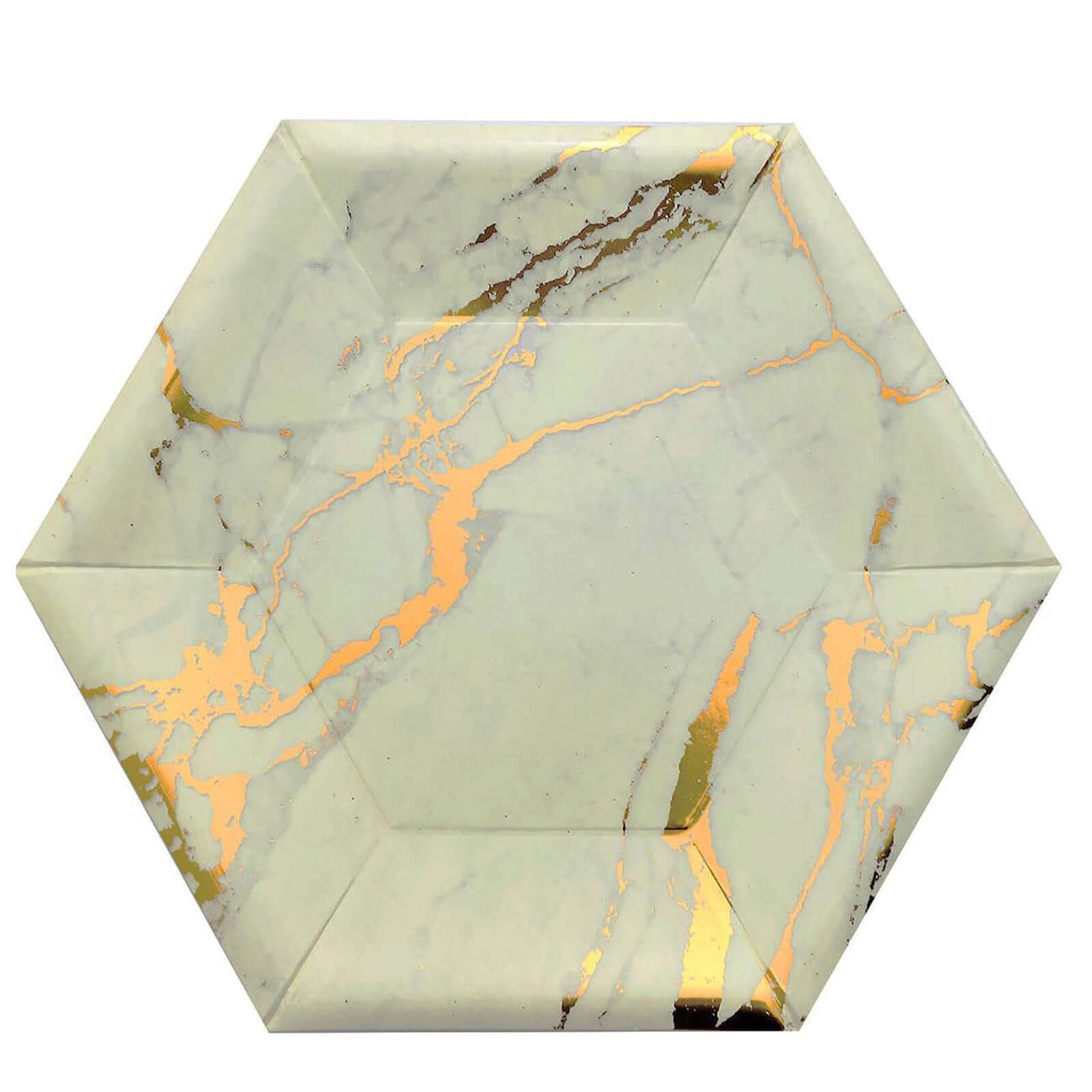 25 Pack Ivory Marble 12" Serving Dinner Paper Plates, Disposable Hexagon Geometric Shaped Plates With Gold Foil Marble Design - 400 GSM