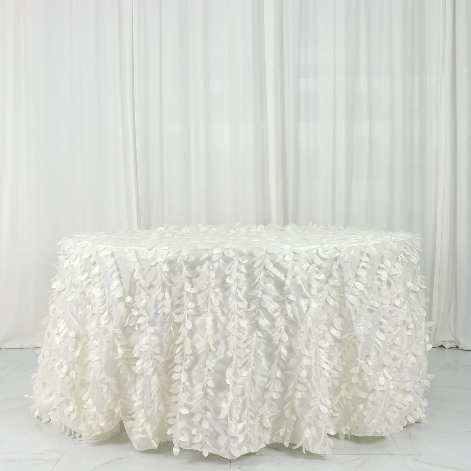 Taffeta 132" Round Tablecloth Ivory Leaf | 3D Leaf Petal Design Seamless Table Cover