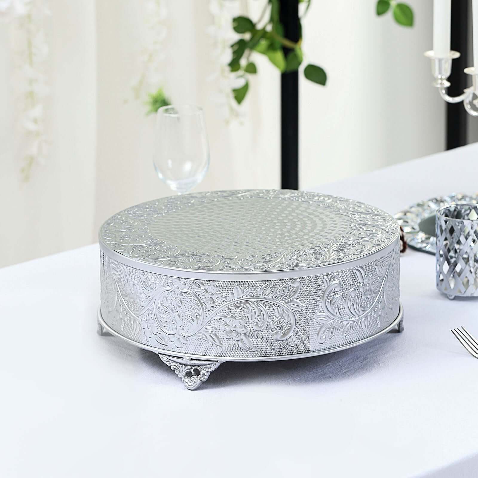 Metal 14" Round Cake Pedestal Stand Matte Silver - Cupcake Dessert Display Riser with Intricate Embossed Design for Upscale Events & Gatherings