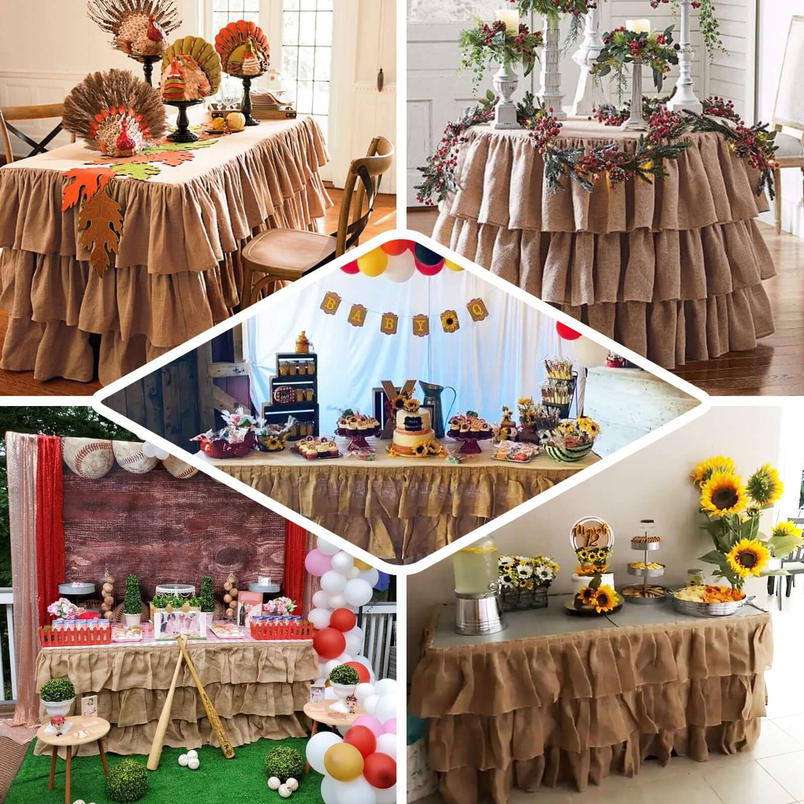 Burlap 17ft Table Skirt Natural 3 Tier Ruffled Design for Rustic Weddings & Country Events