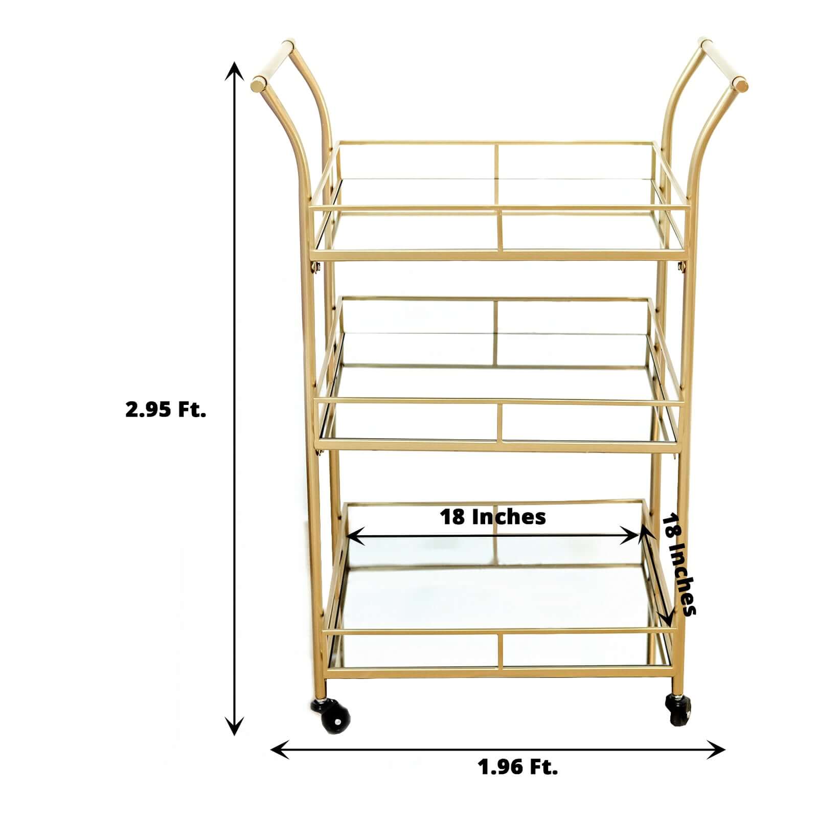 Gold Metal Bar Cart with Mirror Serving Trays 3-Tier - Teacart Island Trolley for Parties 3ft