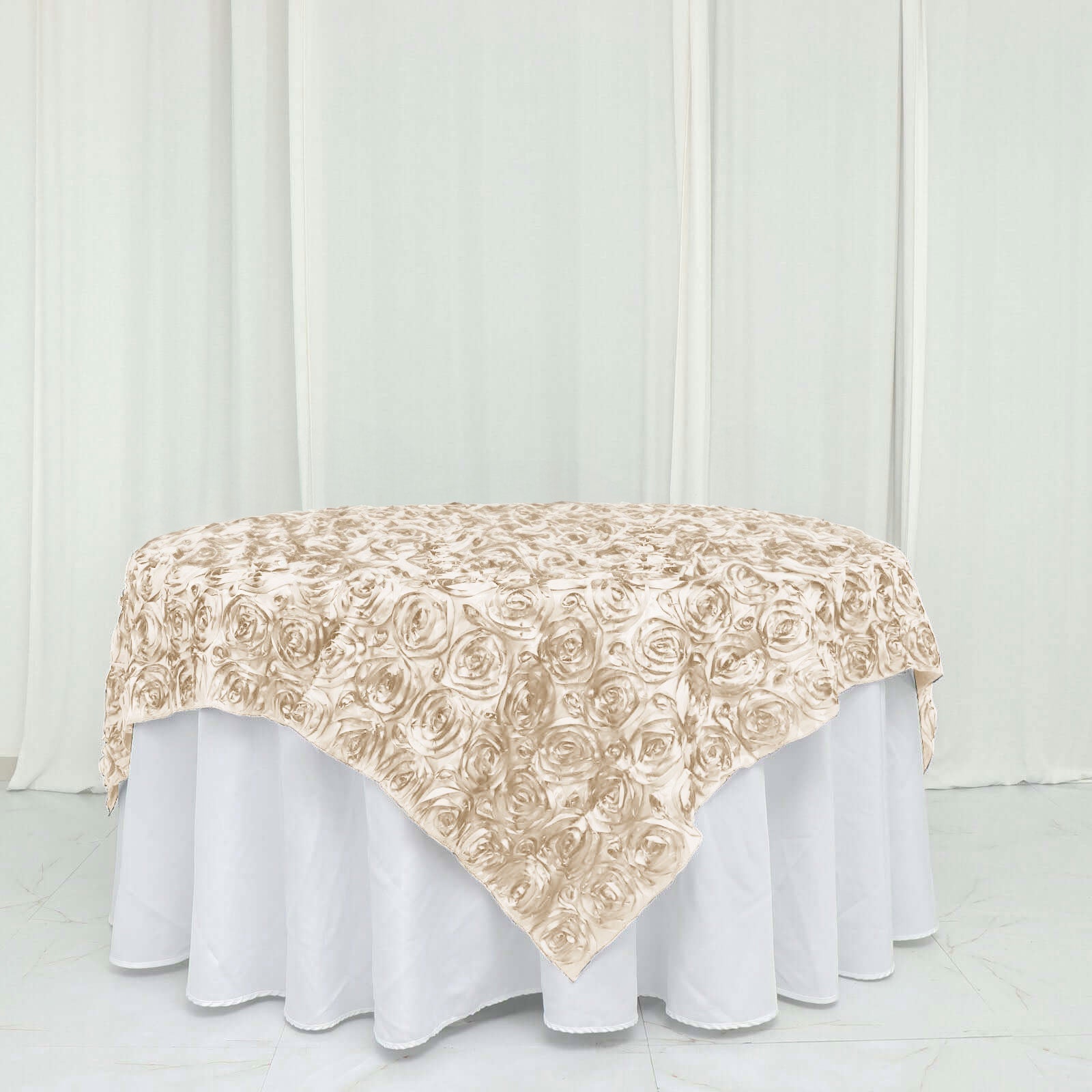 Satin 72"x72" Table Overlay Square Tablecloth Beige - 3D Rosette Table Cover