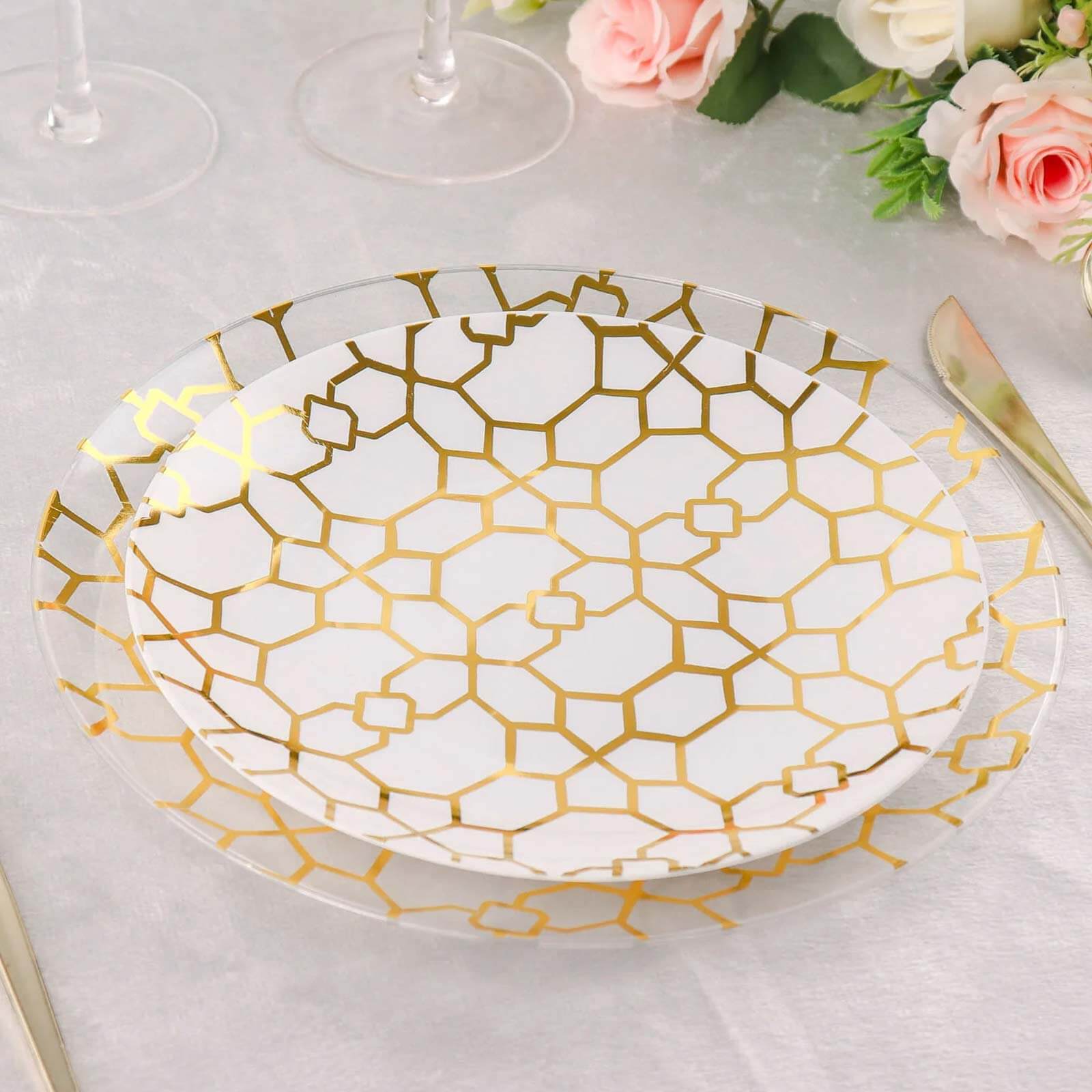 20-Pack Set Plastic Round Dinner and Salad Plates in White & Clear with Geometric Gold Print - Modern Disposable Dinnerware Set for Weddings & Celebrations 9", 7"
