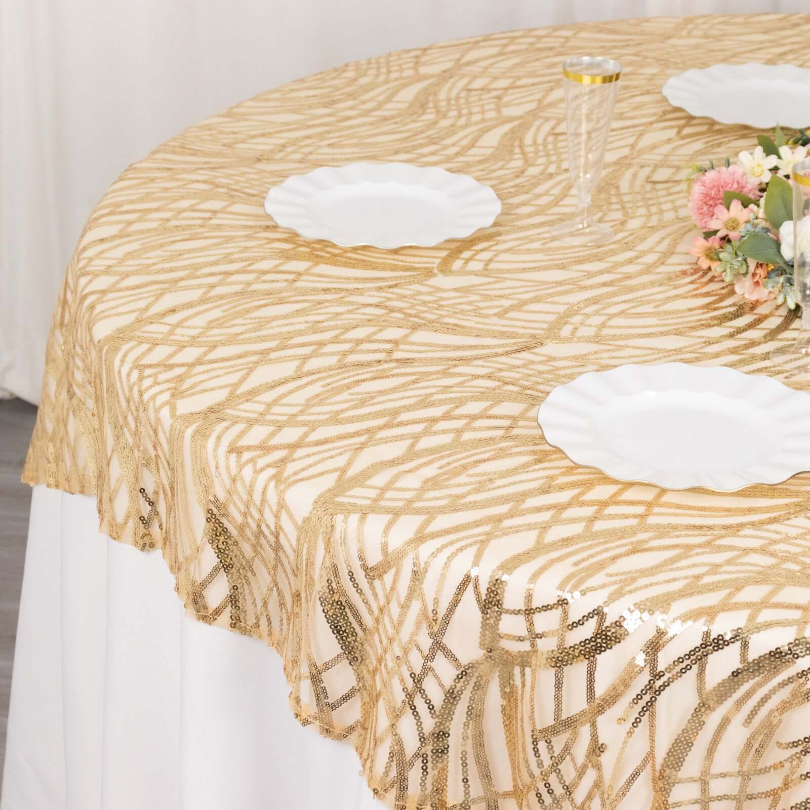 Mesh 72"x72" Table Overlay Square Tablecloth Champagne - Wave Embroidered Sequins Table Topper