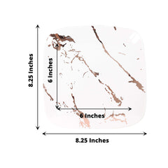 10-Pack Plastic 8" Square Dessert Plates in White with Rose Gold Marble Design - Disposable Appetizer Salad Party Plates