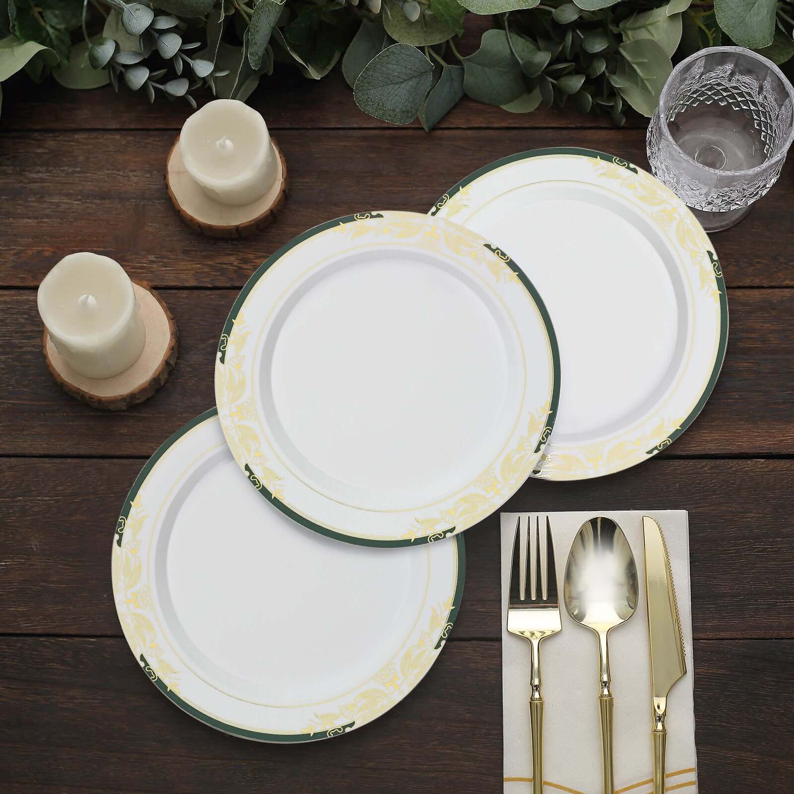 10-Pack Plastic 8" Round Dessert Plates in White with Hunter Emerald Green Rim - Stylish Gold Vine Design Disposable Salad/Appetizer Plates for Special Occasions & Celebrations