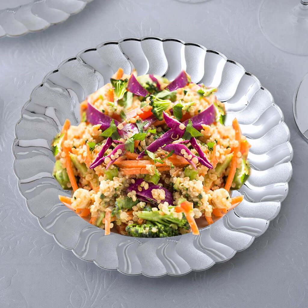 12-Pack Plastic Dinner Plates Silver Flared Rim - Durable Disposable Party Plates 9"
