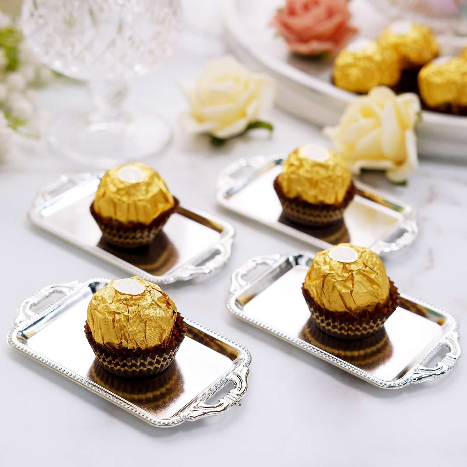 12-Pack Display Trays Party Favor Rectangular Design Silver - Mini Serving Platters for Candy and Desserts 4"