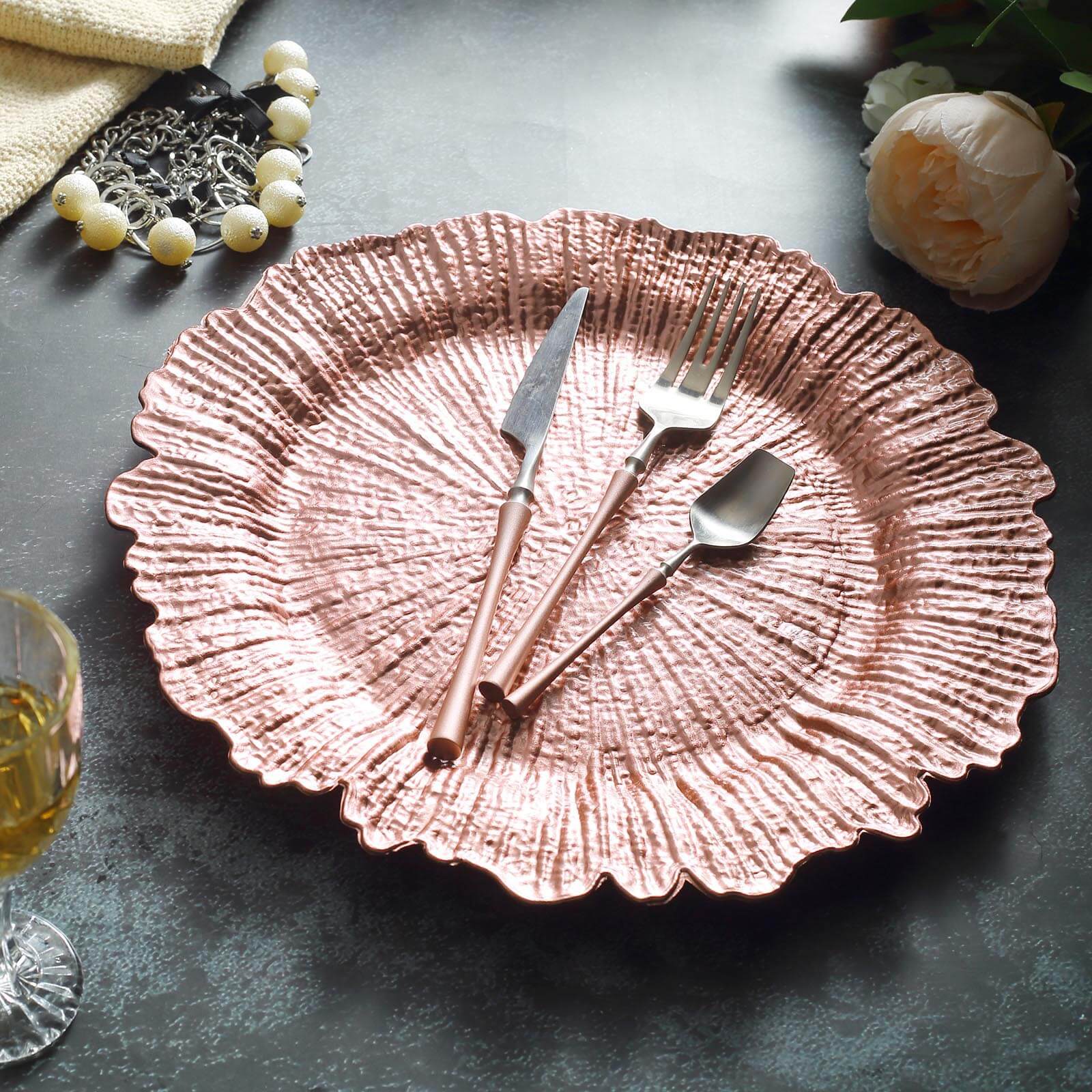 6-Pack Acrylic Plastic Round Charger Plates 13" in Rose Gold with Reef Design, Dinner Charger Tableware