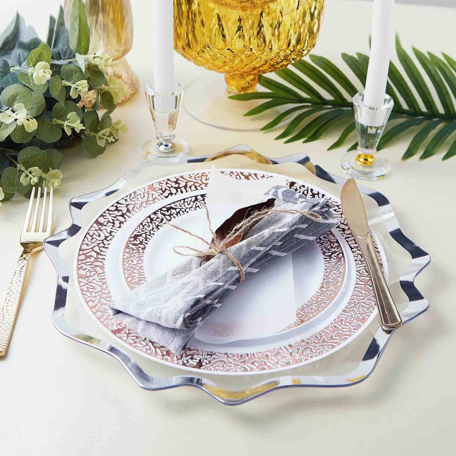 6-Pack Acrylic Plastic Round Charger Plates 13" in Clear with Silver Scalloped Edge, Exquisite Dinner Serving Plates