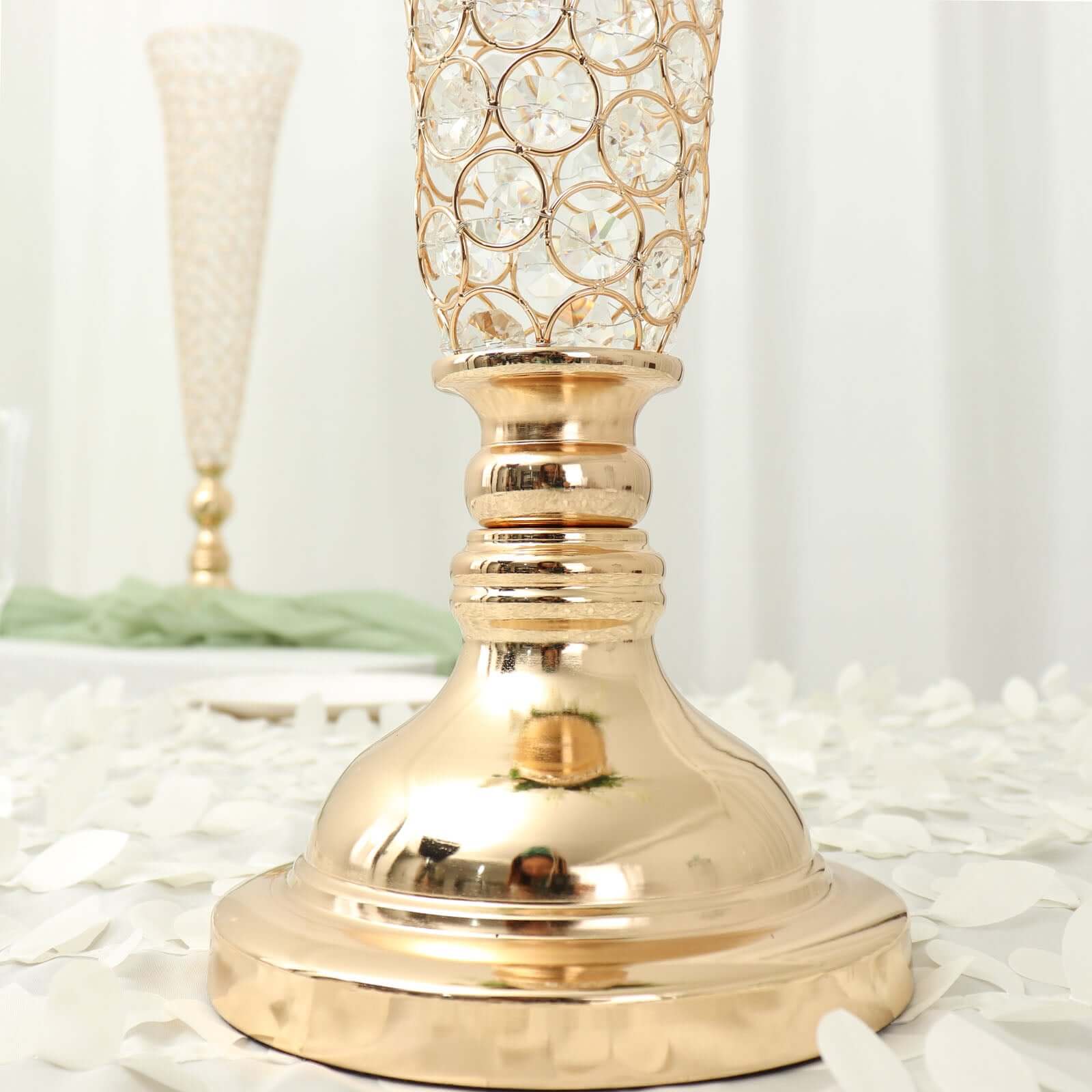2-Pack Crystal Beaded Trumpet Vase Gold - Exquisite Floral Display Centerpiece Stand Set for Banquets & Receptions 28" Tall