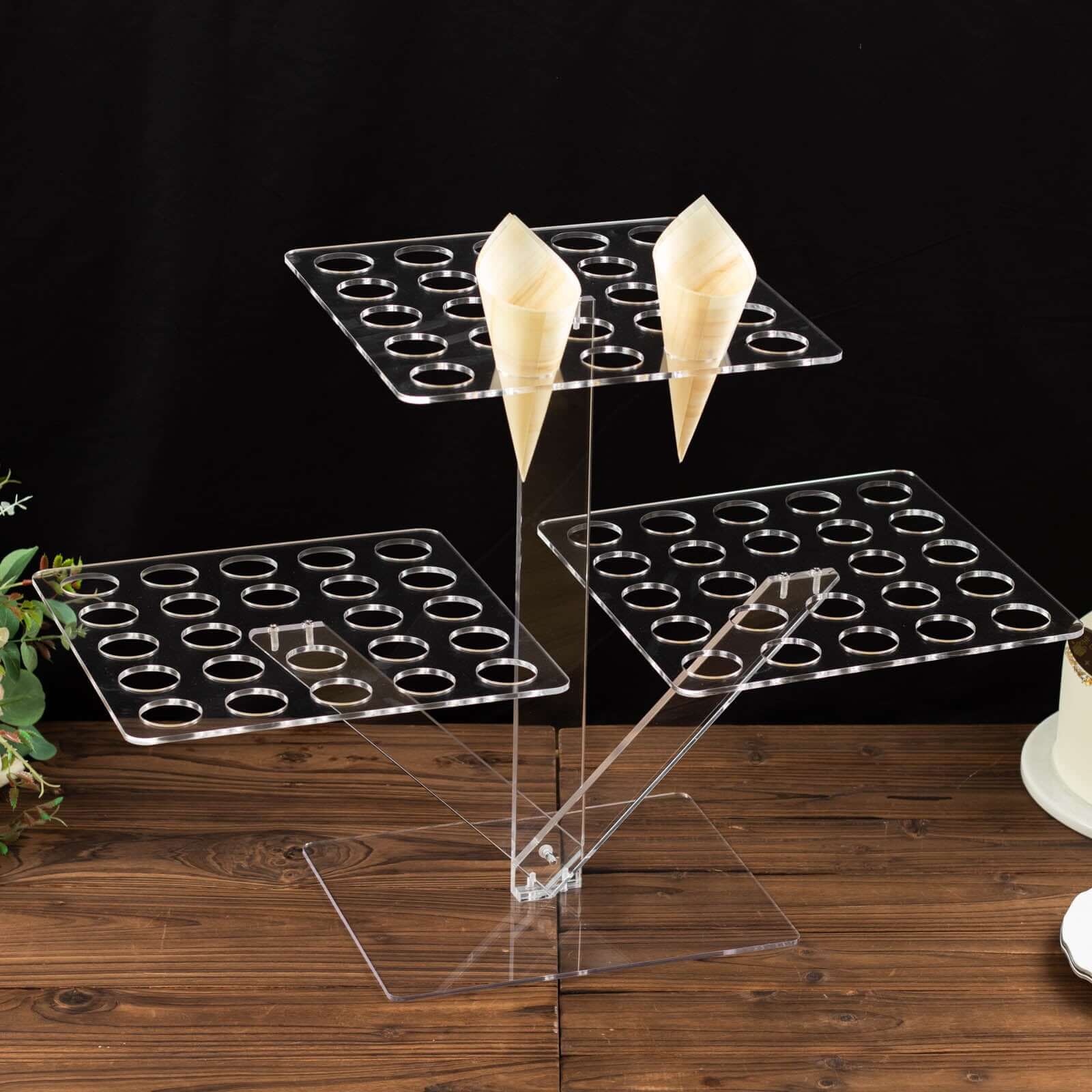 3-Tier Acrylic Square Ice Cream Cone Holder Clear - Foldable Multi-Purpose Dessert Display Stand with 72-Slots for Stylish Food Presentation 18" Tall
