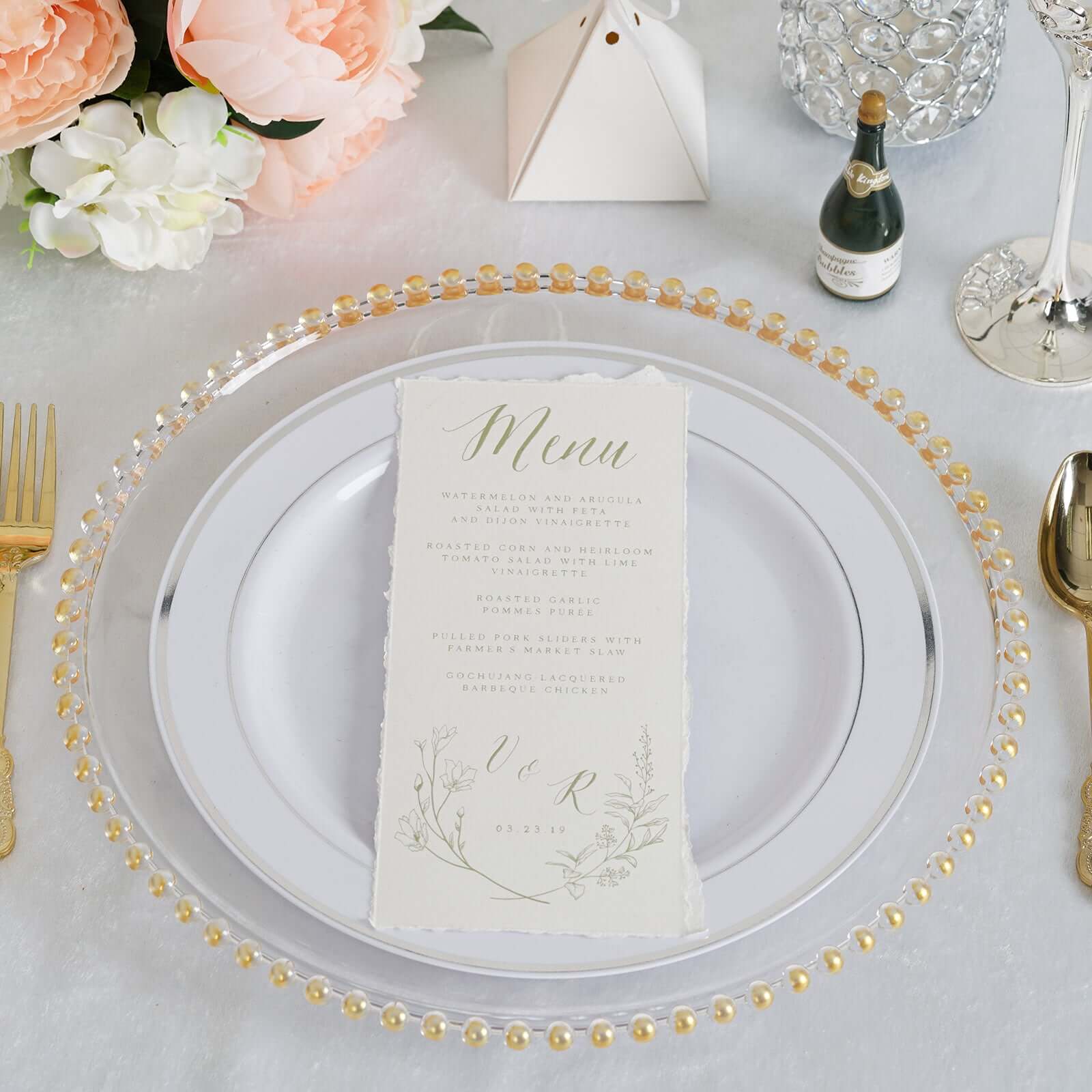6-Pack Acrylic Round Charger Plates 13" in Clear with Gold Beaded Rim, Decorative Dinner Party Serving Plates