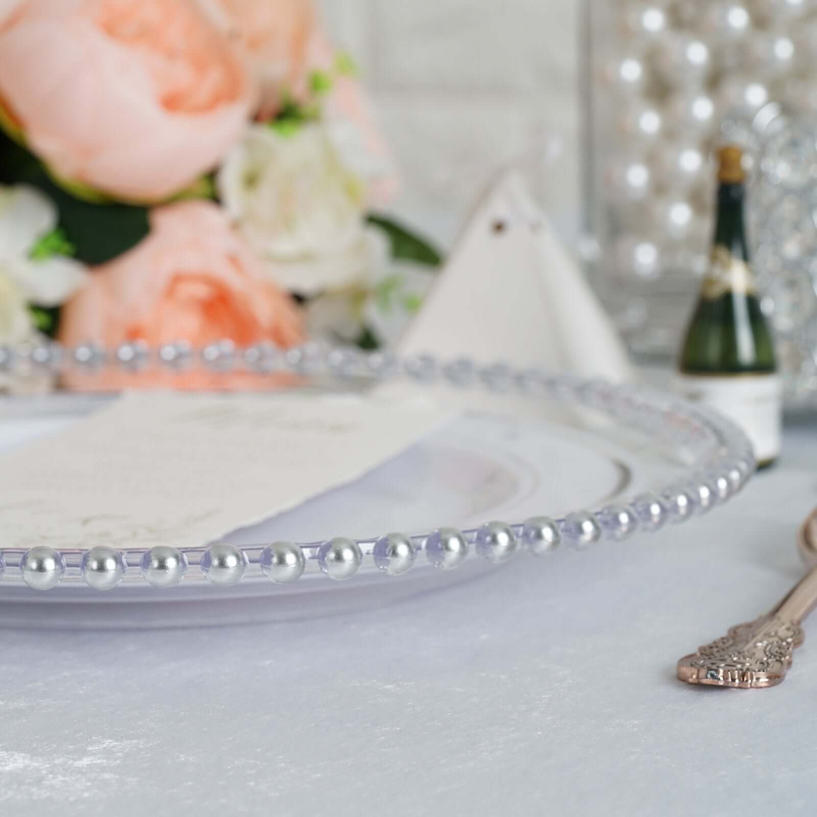 6-Pack Acrylic Round Charger Plates 13" in Clear with Silver Beaded Rim, Decorative Dinner Party Serving Plates