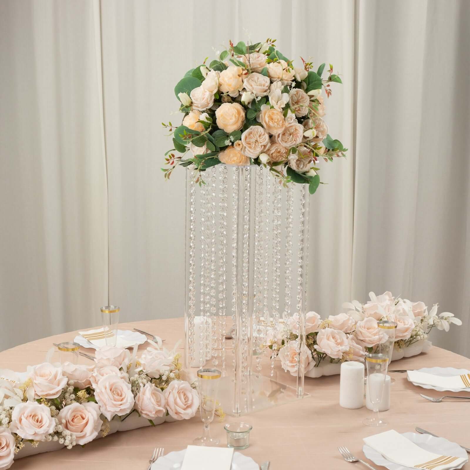Acrylic Flower Pedestal Vase Pillar Stand with Crystal Beads Clear - Durable Wedding Table Centerpiece 24"