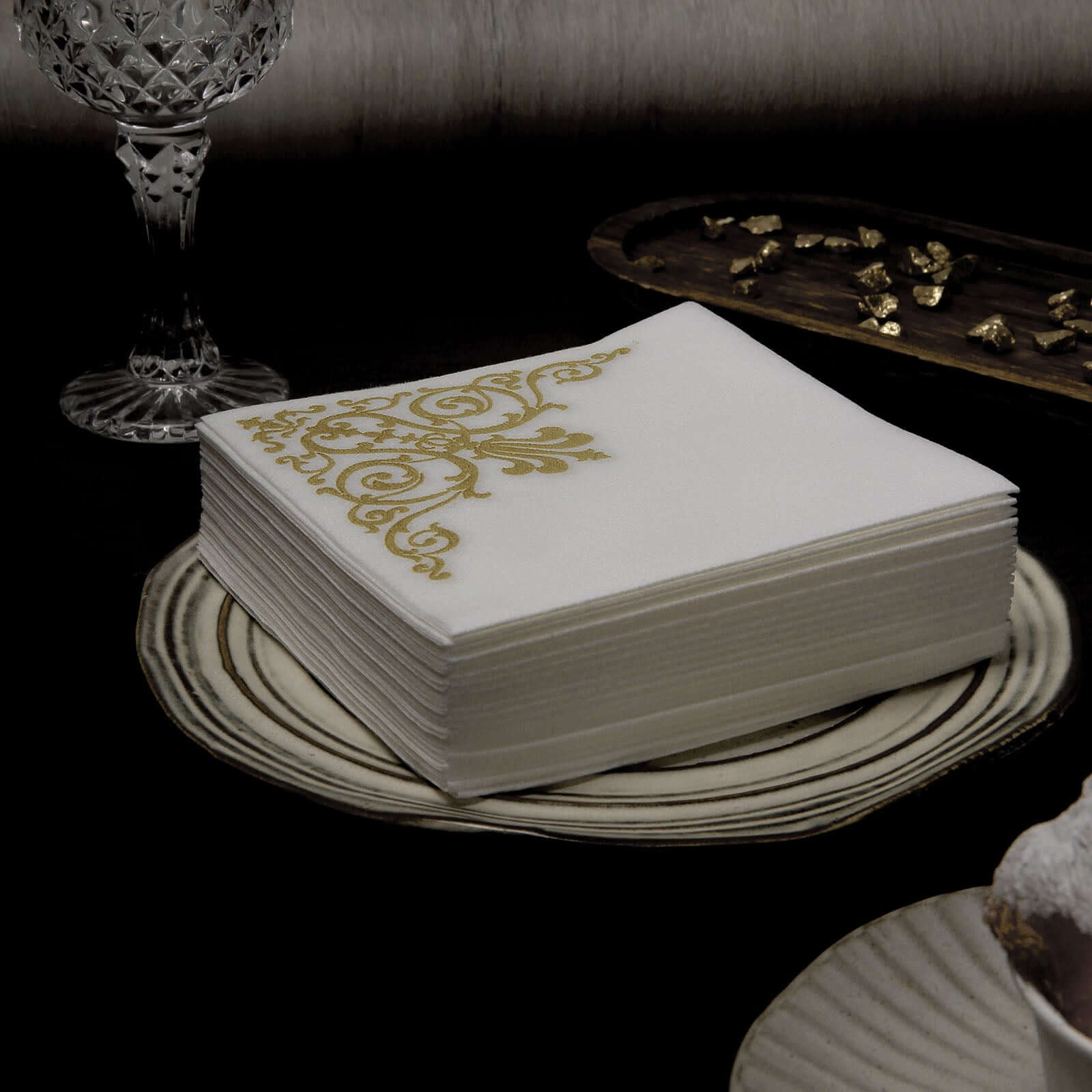 20 Pack Linen-Like Paper 5"x5" Napkins White - Gold Fleur Vintage Airlaid Cocktail Napkins