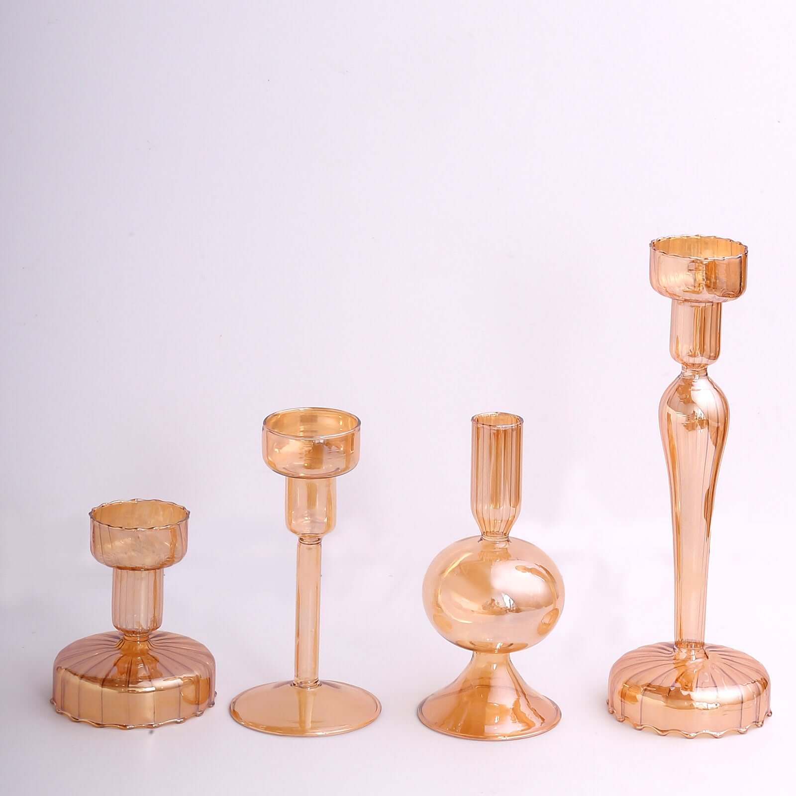 Set of 4 Glass Taper Votive Candle Holders Lined Crystal Design Assorted Amber Gold - Tea Light Stand Set 4", 5.5", 6", 9"