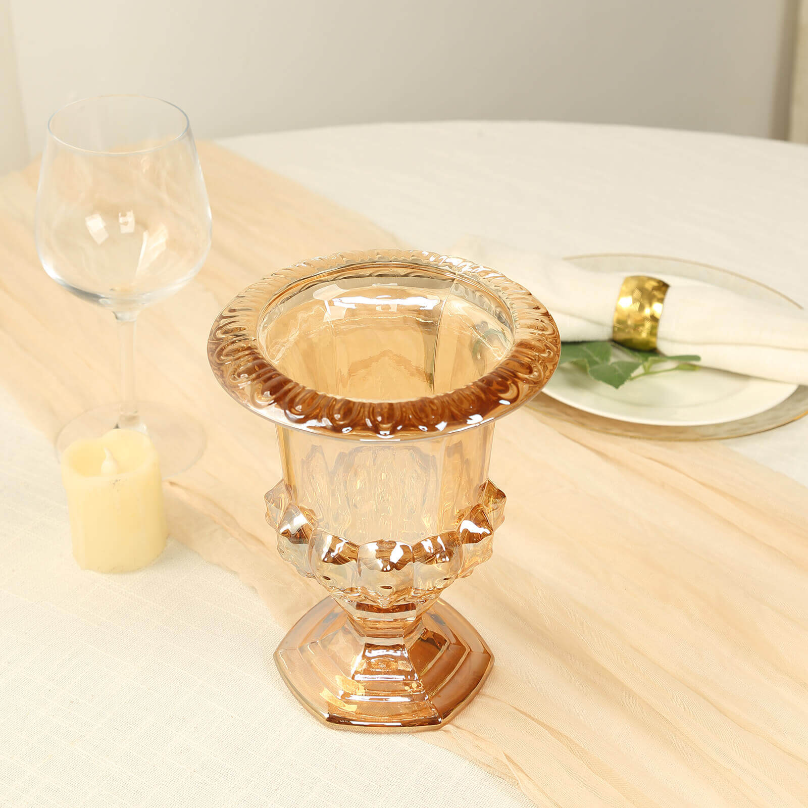 2-Pack Glass Mini Pedestal Flower Vases in Classic Roman Urn Style Amber Gold - Sophisticated Wedding Table Centerpieces 8"
