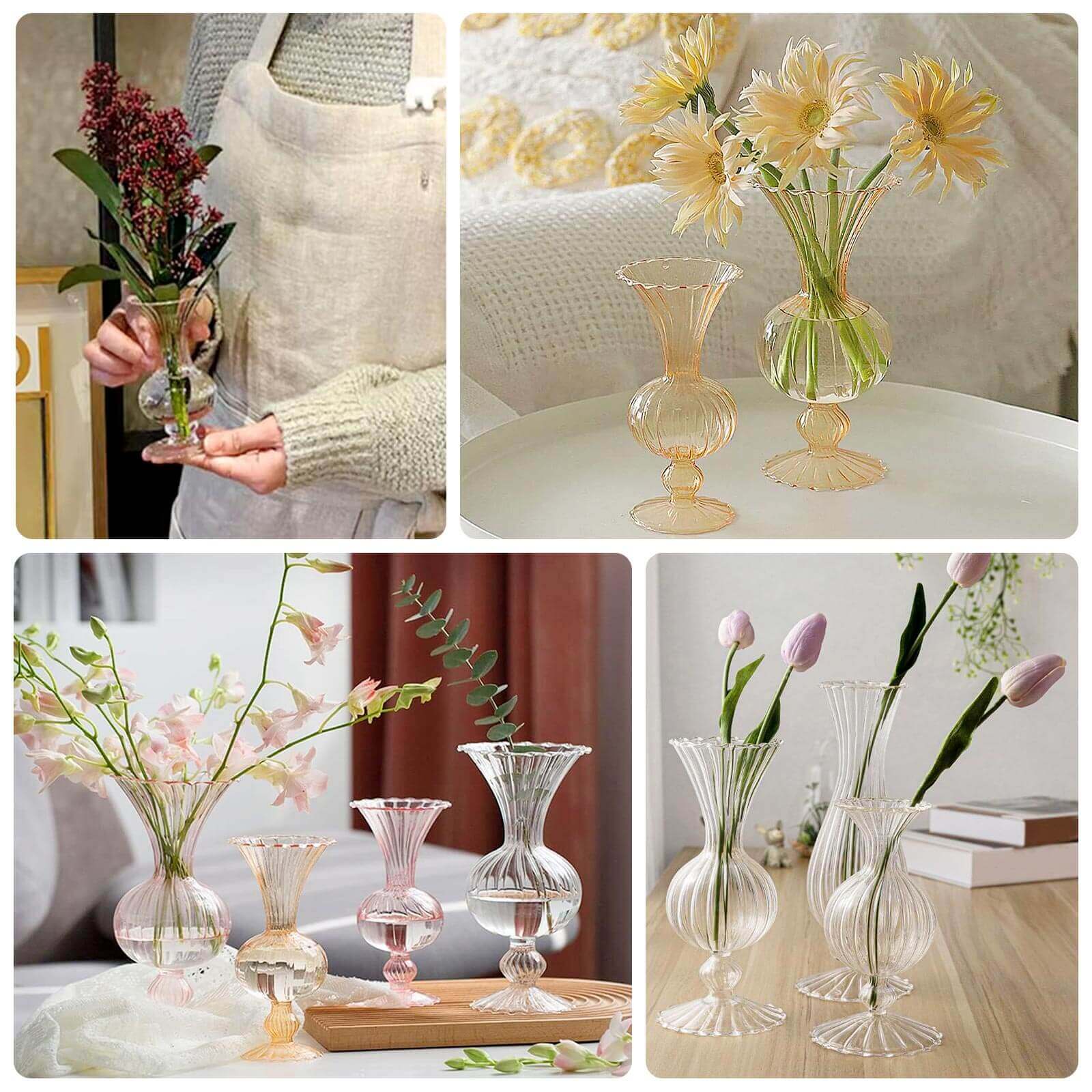 Set of 4 Glass Flower Vases Nordic Style with Petals Texture Amber Gold - Transparent Bud Planters for Wedding Table Decor 7", 9"