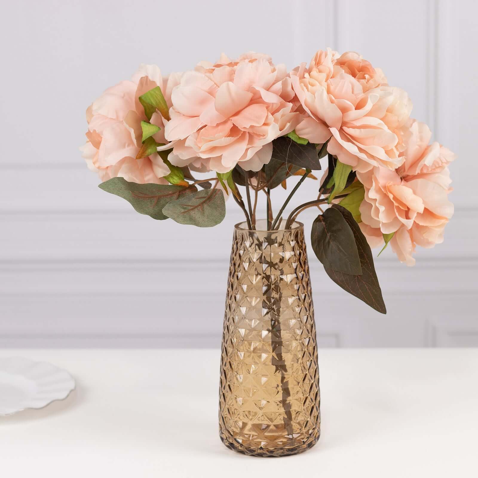 6-Pack Glass Urn Vases Amber Gold with Diamond Crystal Cut Pattern - Stylish Decorative Design for Event Decor 8.5"