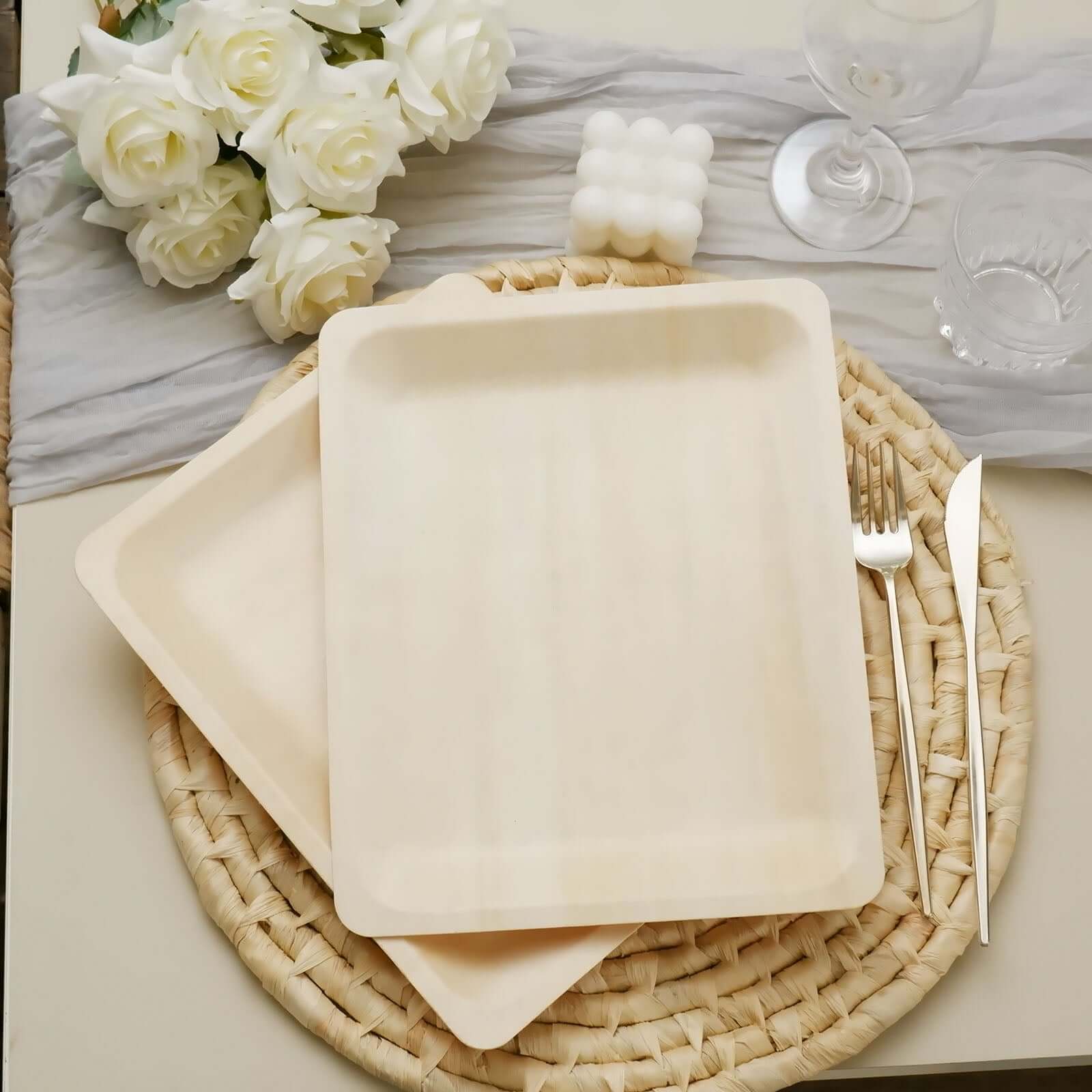 12-Pack Birchwood 8"x10" Rectangle Dinner Plates - Natural Eco Friendly Wooden Disposable Plates for Farmhouse-Style Events, Parties & Gatherings